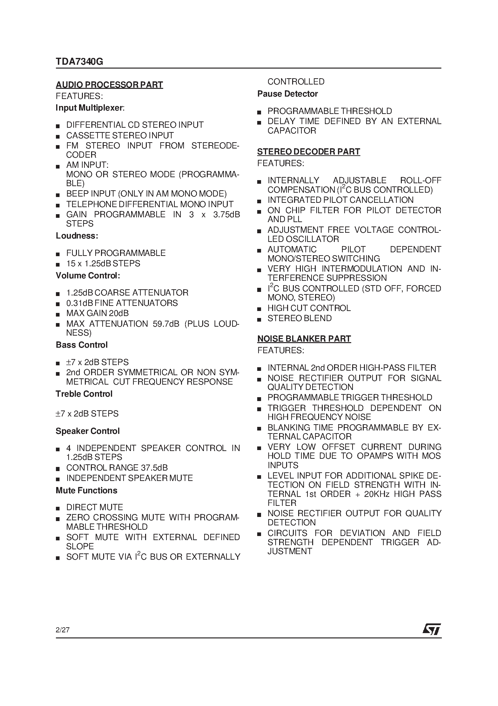 Datasheet TDA7340G - AUDIO SIGNAL PROCESSOR page 2