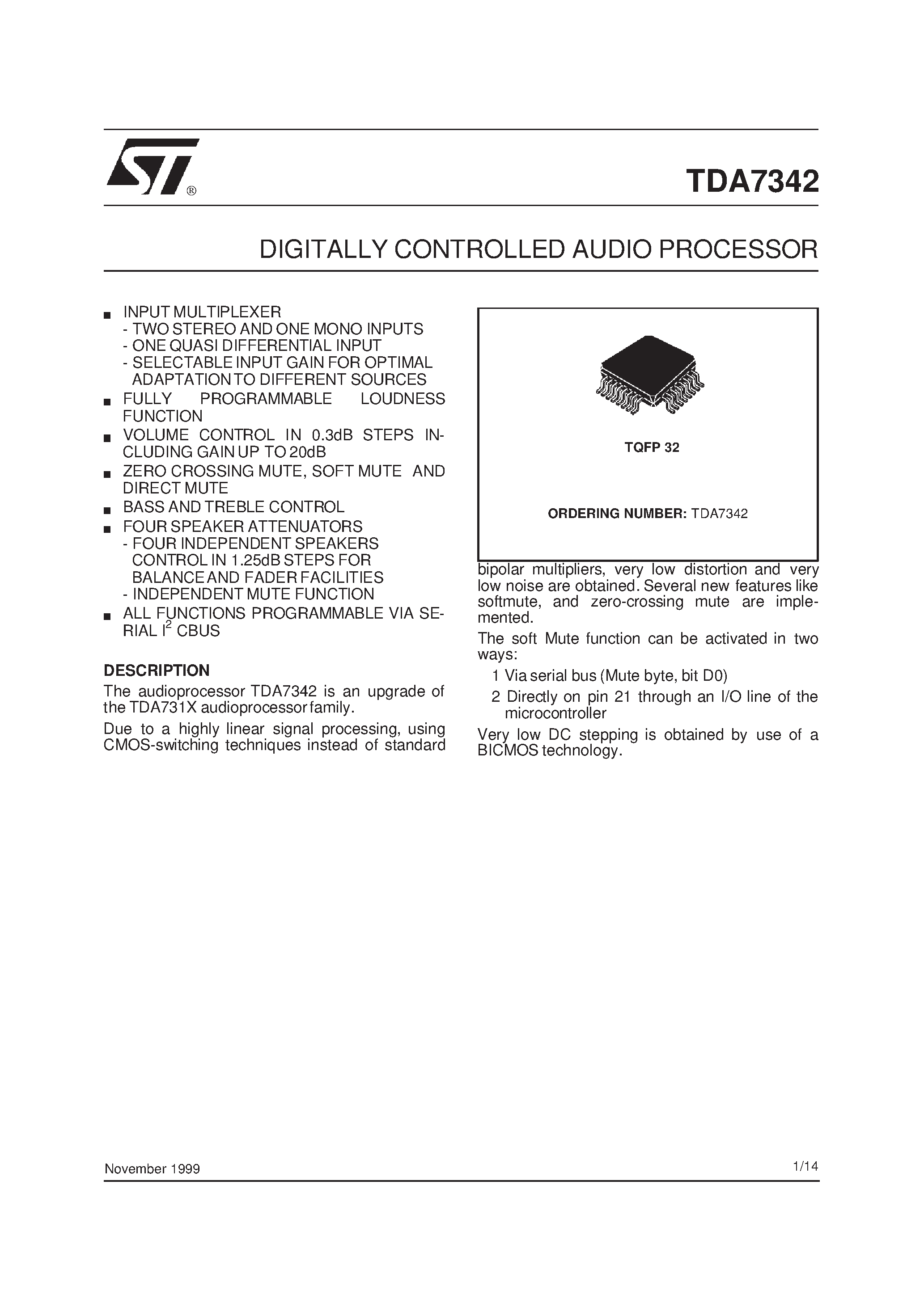 Datasheet TDA7342 - DIGITALLY CONTROLLED AUDIO PROCESSOR page 1