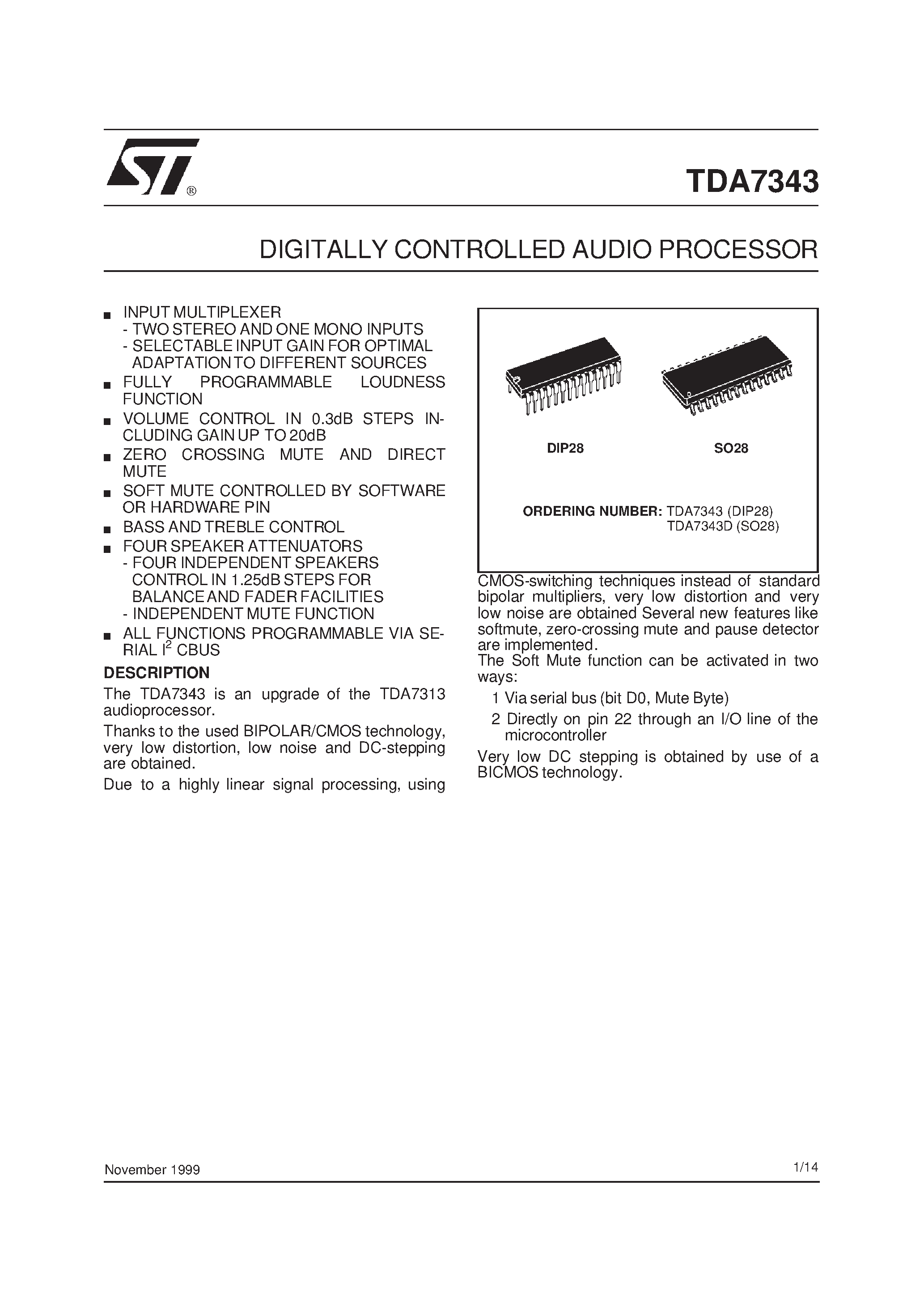 Datasheet TDA7343D - DIGITALLY CONTROLLED AUDIO PROCESSOR page 1