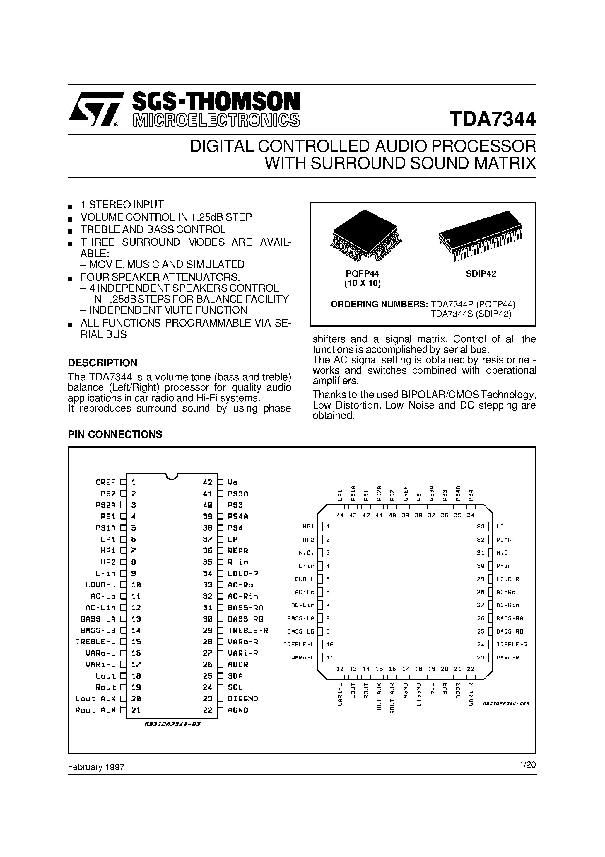 Datasheet TDA7344S - DIGITAL CONTROLLED AUDIO PROCESSOR WITH SURROUND SOUND MATRIX page 1