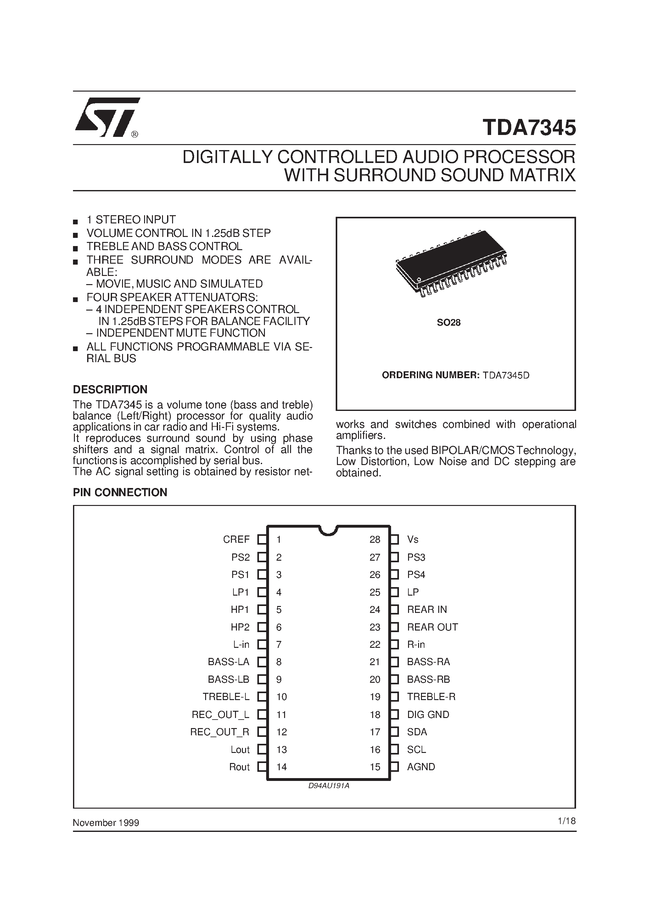 Datasheet TDA7345 - DIGITALLY CONTROLLED AUDIO PROCESSOR WITH SURROUND SOUND MATRIX page 1