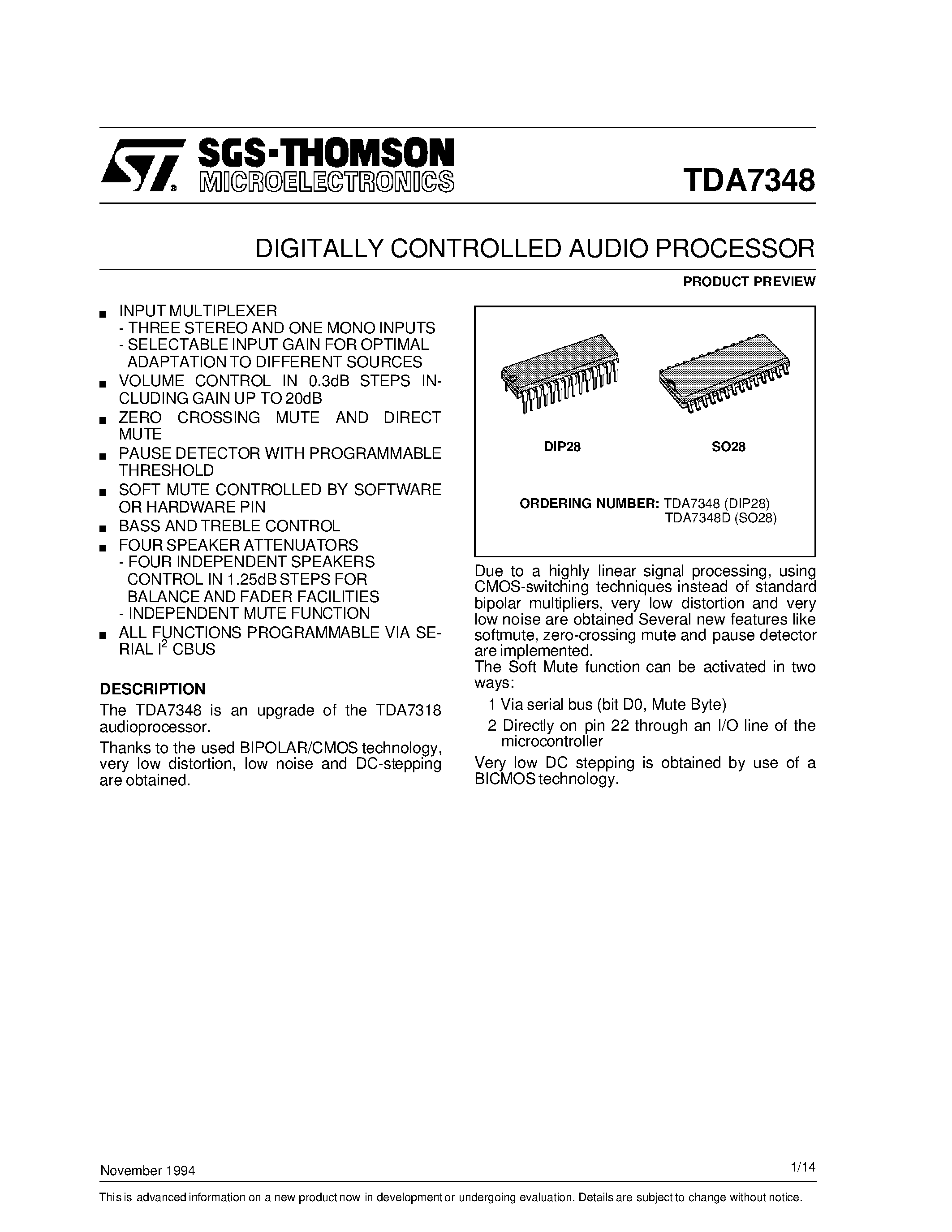 Datasheet TDA7348 - DIGITALLY CONTROLLED AUDIO PROCESSOR page 1