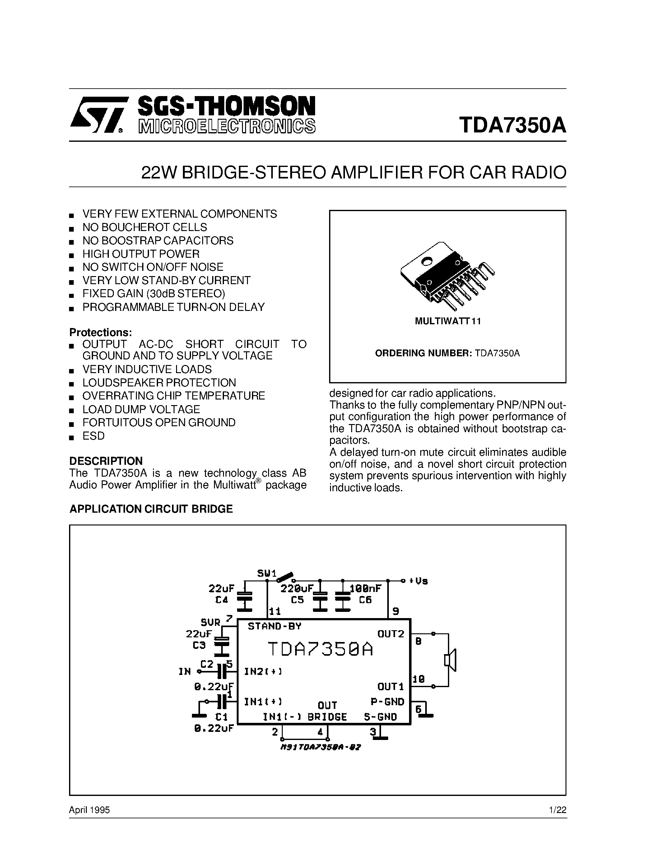 Datasheet TDA7350 - 22W BRIDGE-STEREO AMPLIFIER FOR CAR RADIO page 1