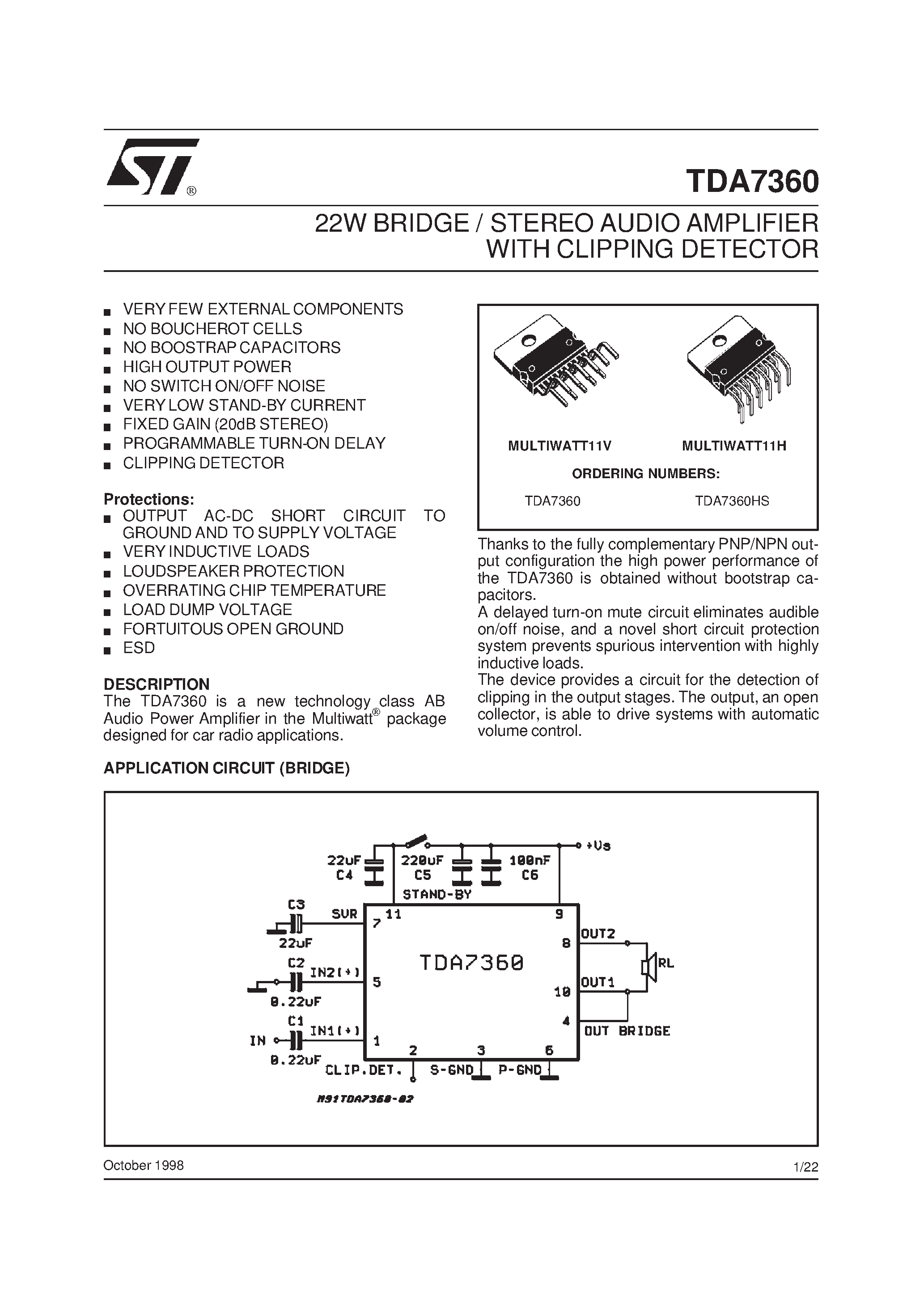 Datasheet TDA7360HS page 1 Datasheet TDA7360HS - 22W BRIDGE / STEREO AUDIO AMPLIFIER WITH CLIPPING DETECTOR page 1