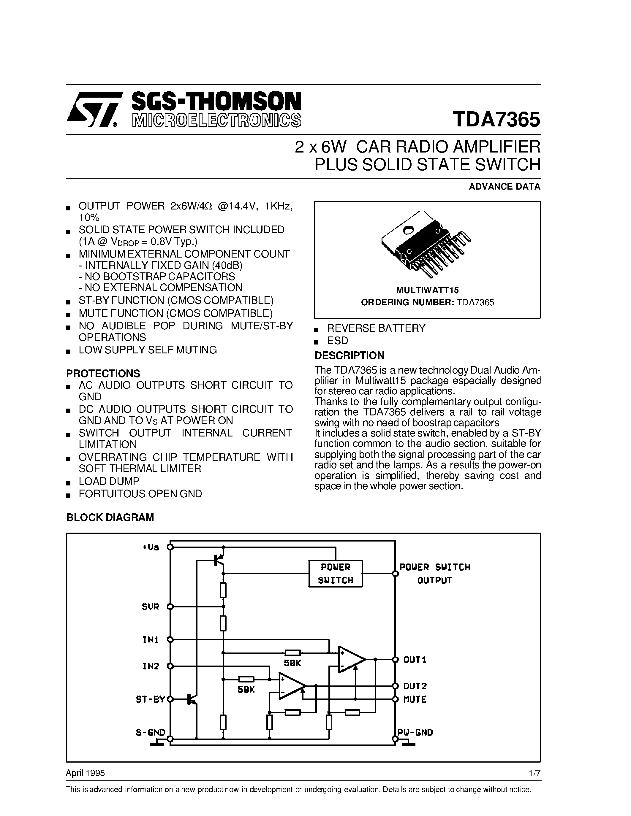 Даташит на микросхему TDA7365 страница 1 Даташит TDA7365 - 2 x 6W CAR RADIO AMPLIFIER PLUS SOLID STATE SWITCH страница 1