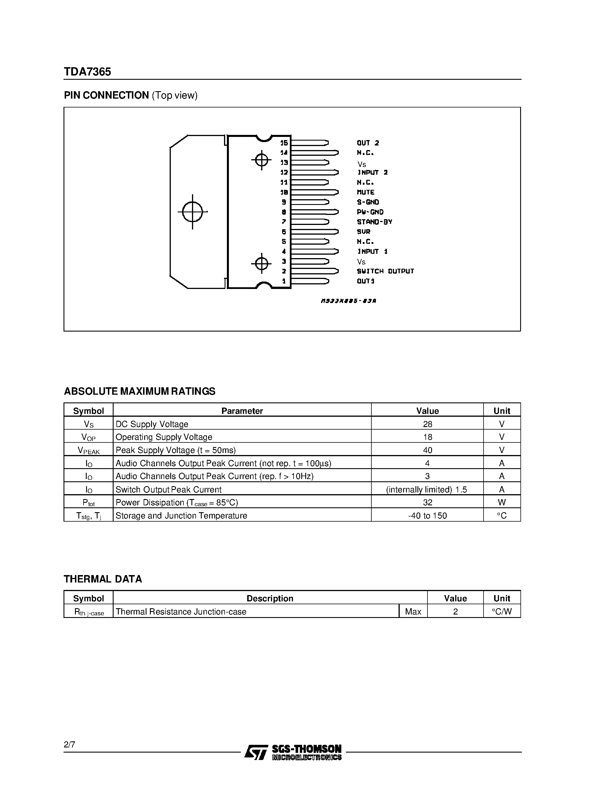 Даташит на микросхему TDA7365 страница 2 Даташит TDA7365 - 2 x 6W CAR RADIO AMPLIFIER PLUS SOLID STATE SWITCH страница 2