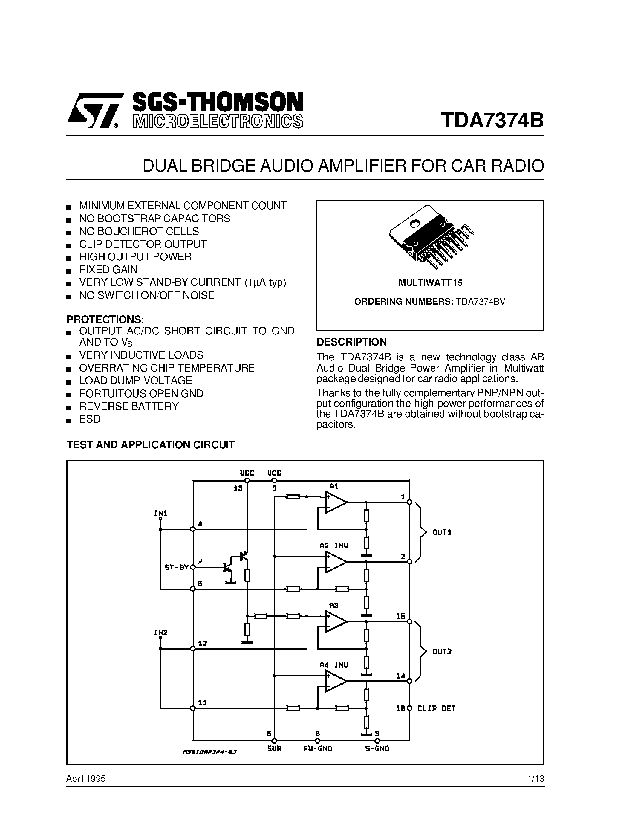 Datasheet TDA7374BV - DUAL BRIDGE AUDIO AMPLIFIER FOR CAR RADIO page 1