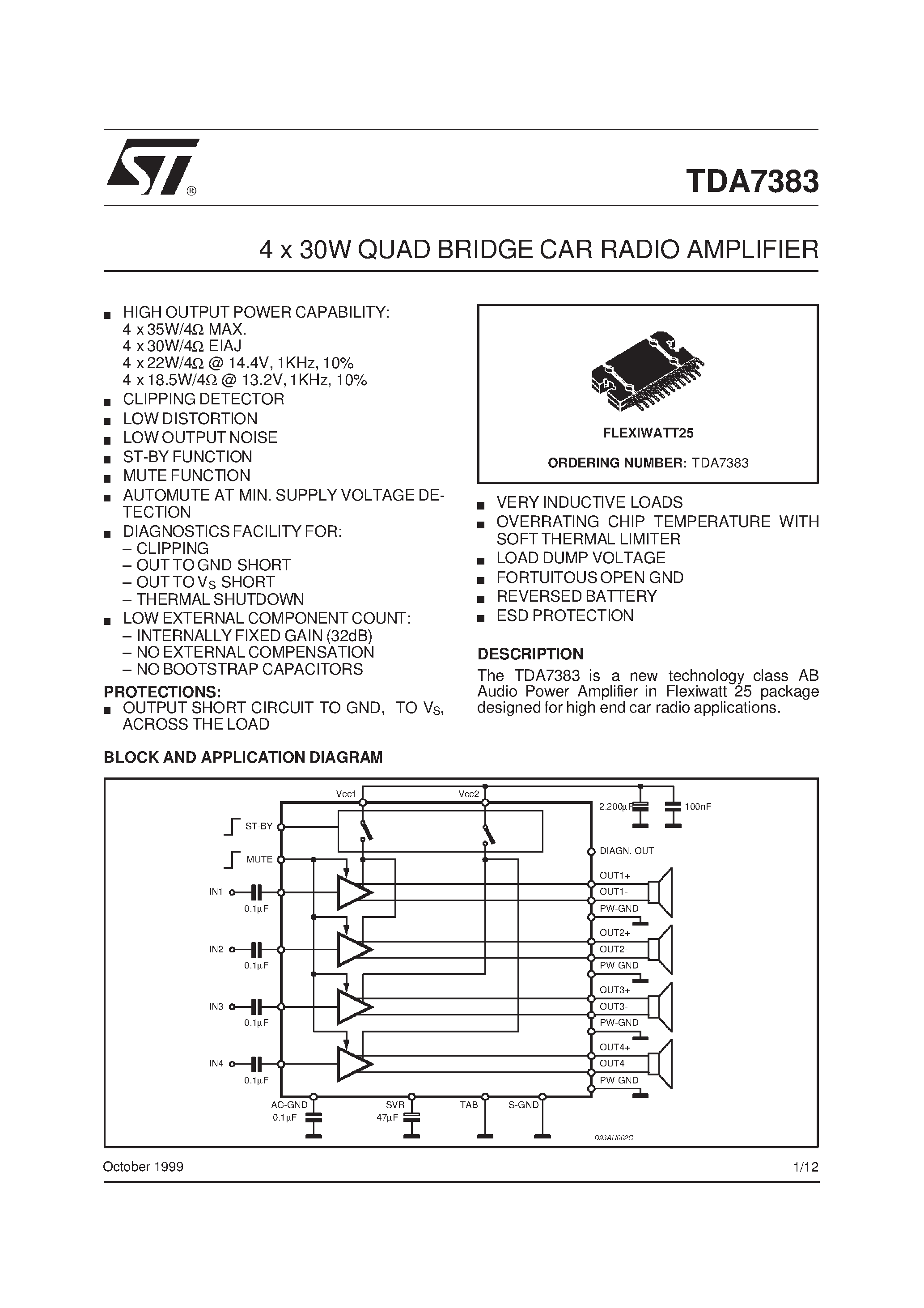 Даташит на микросхему TDA7383 страница 1 Даташит TDA7383 - 4 x 30W QUAD BRIDGE CAR RADIO AMPLIFIER страница 1
