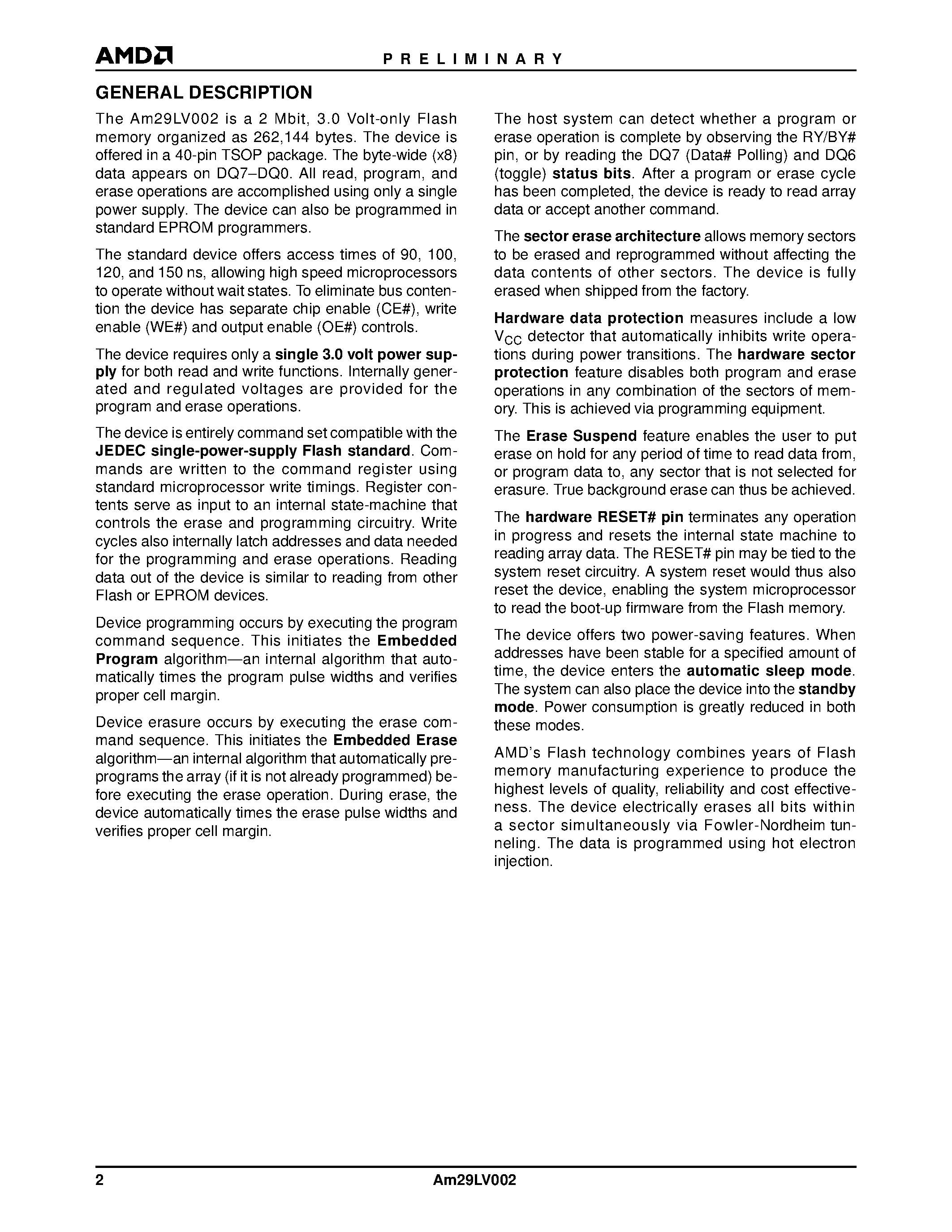 Даташит Am29LV002T-150EI - 2 Megabit (256 K x 8-Bit) CMOS 3.0 Volt-only/ Boot Sector Flash Memory страница 2