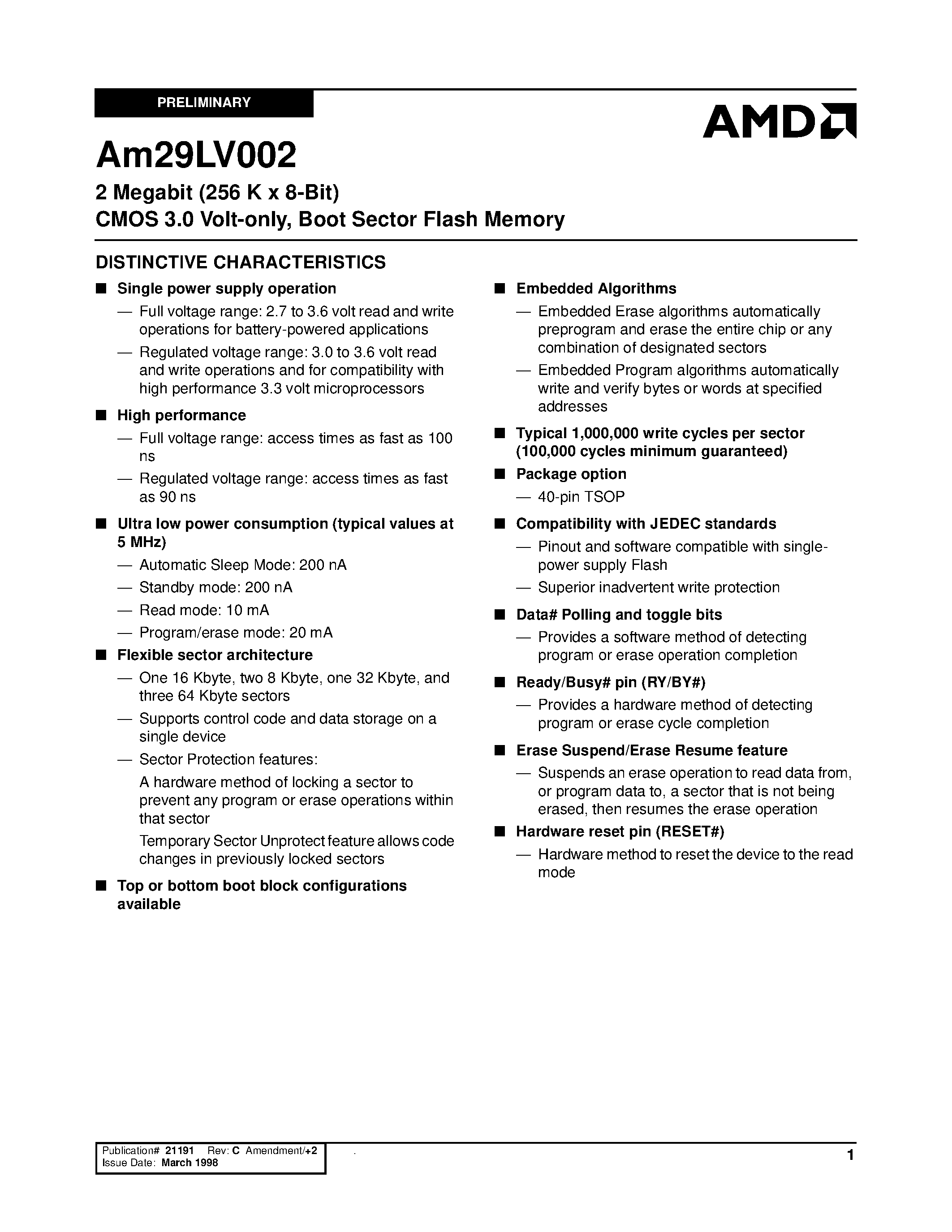 Datasheet Am29LV002T-90RECB - 2 Megabit (256 K x 8-Bit) CMOS 3.0 Volt-only/ Boot Sector Flash Memory page 1
