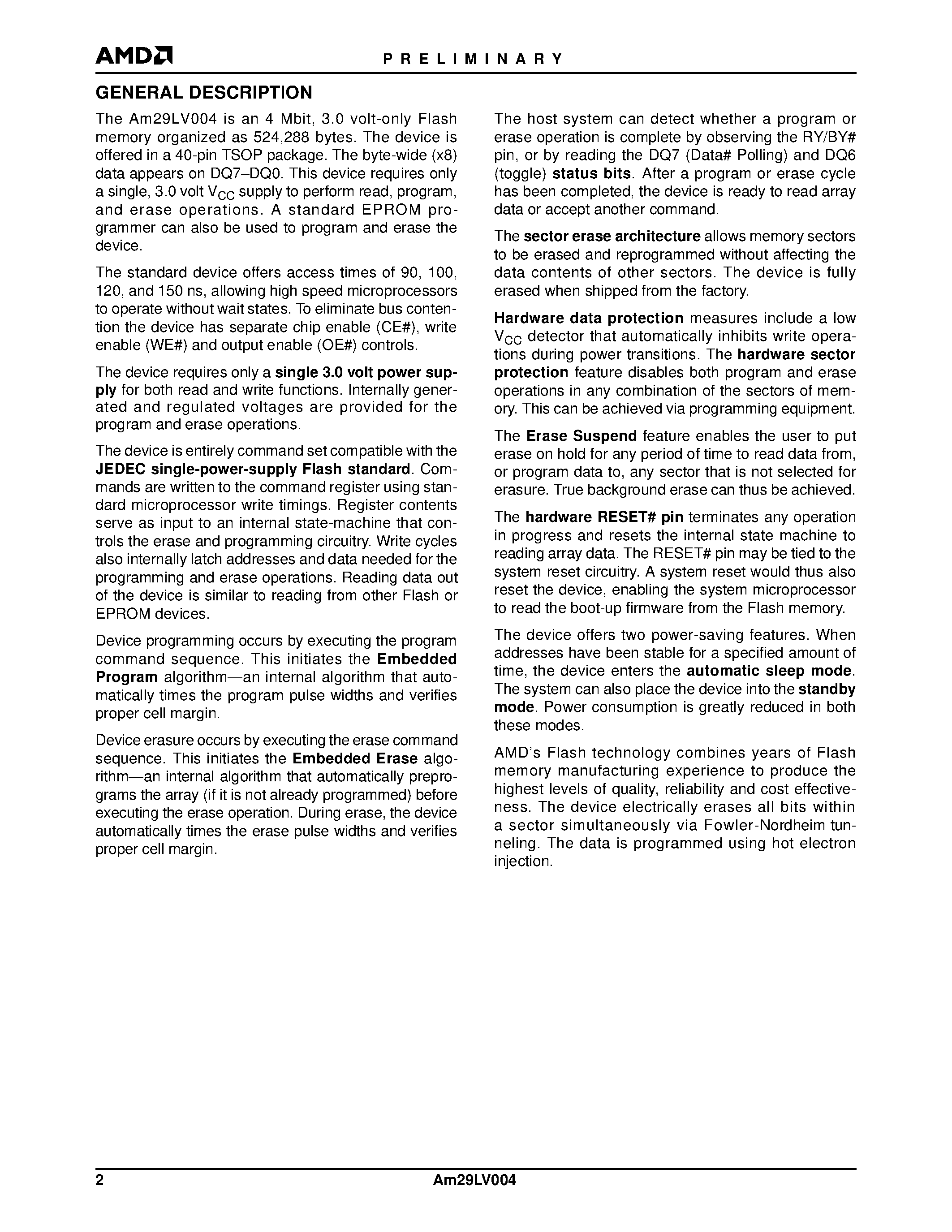 Даташит AM29LV004 - 4 Megabit (512 K x 8-Bit) CMOS 3.0 Volt-only Boot Sector Flash Memory страница 2