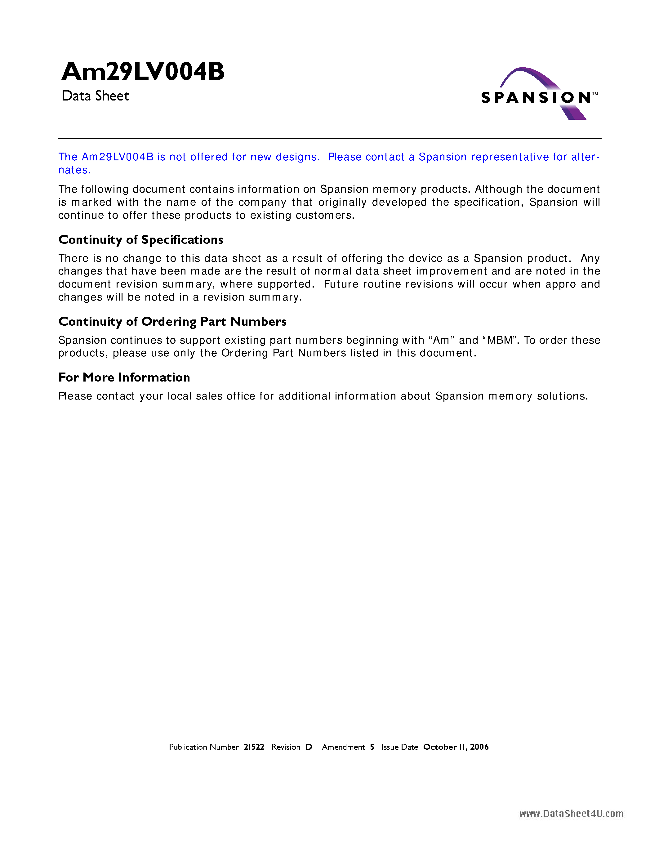 Даташит на микросхему AM29LV004B-1 страница 1 Даташит AM29LV004B-1 - 4 Megabit (512 K x 8-Bit) CMOS 3.0 Volt-only Boot Sector Flash Memory страница 1