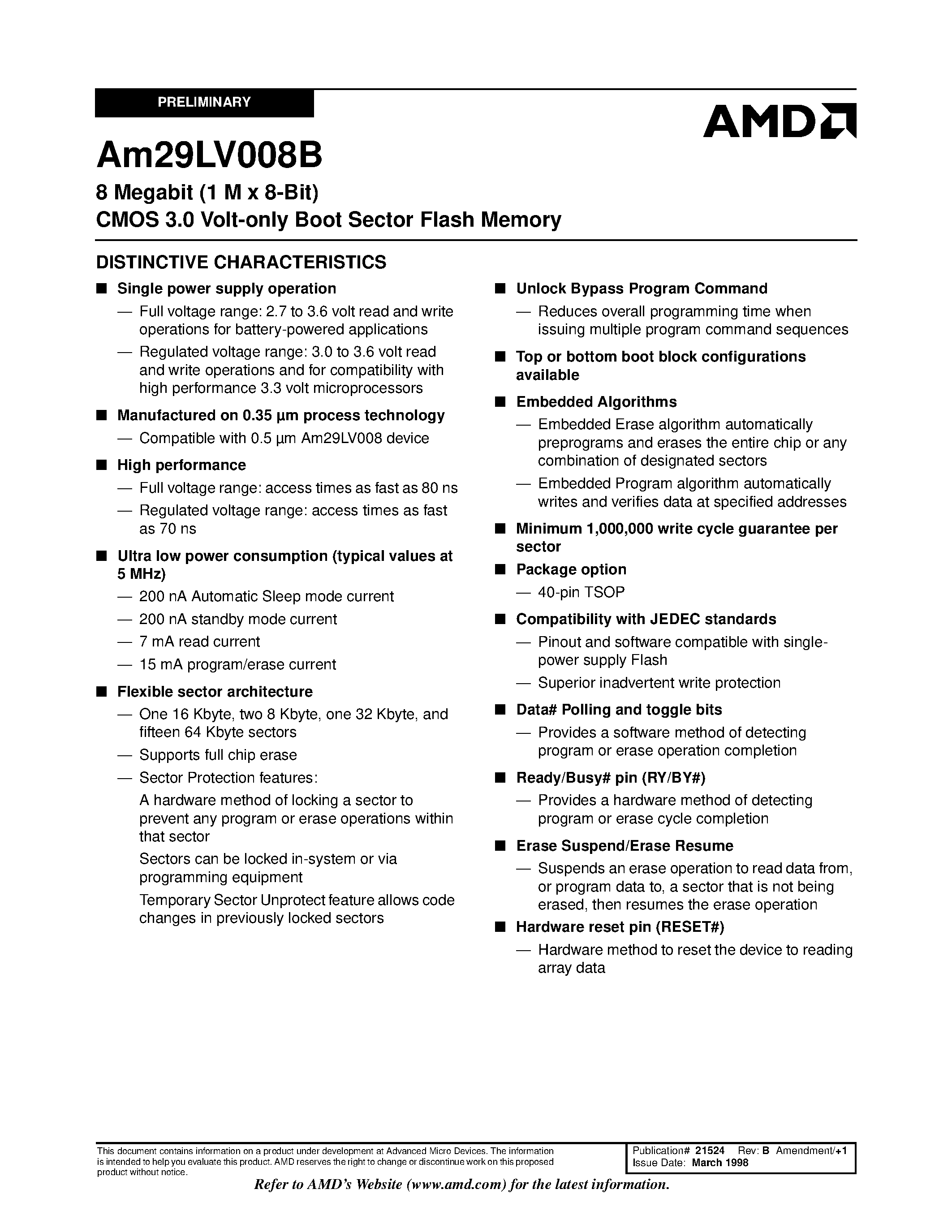 Даташит AM29LV008B - 8 Megabit (1 M x 8-Bit) CMOS 3.0 Volt-only Boot Sector Flash Memory страница 1