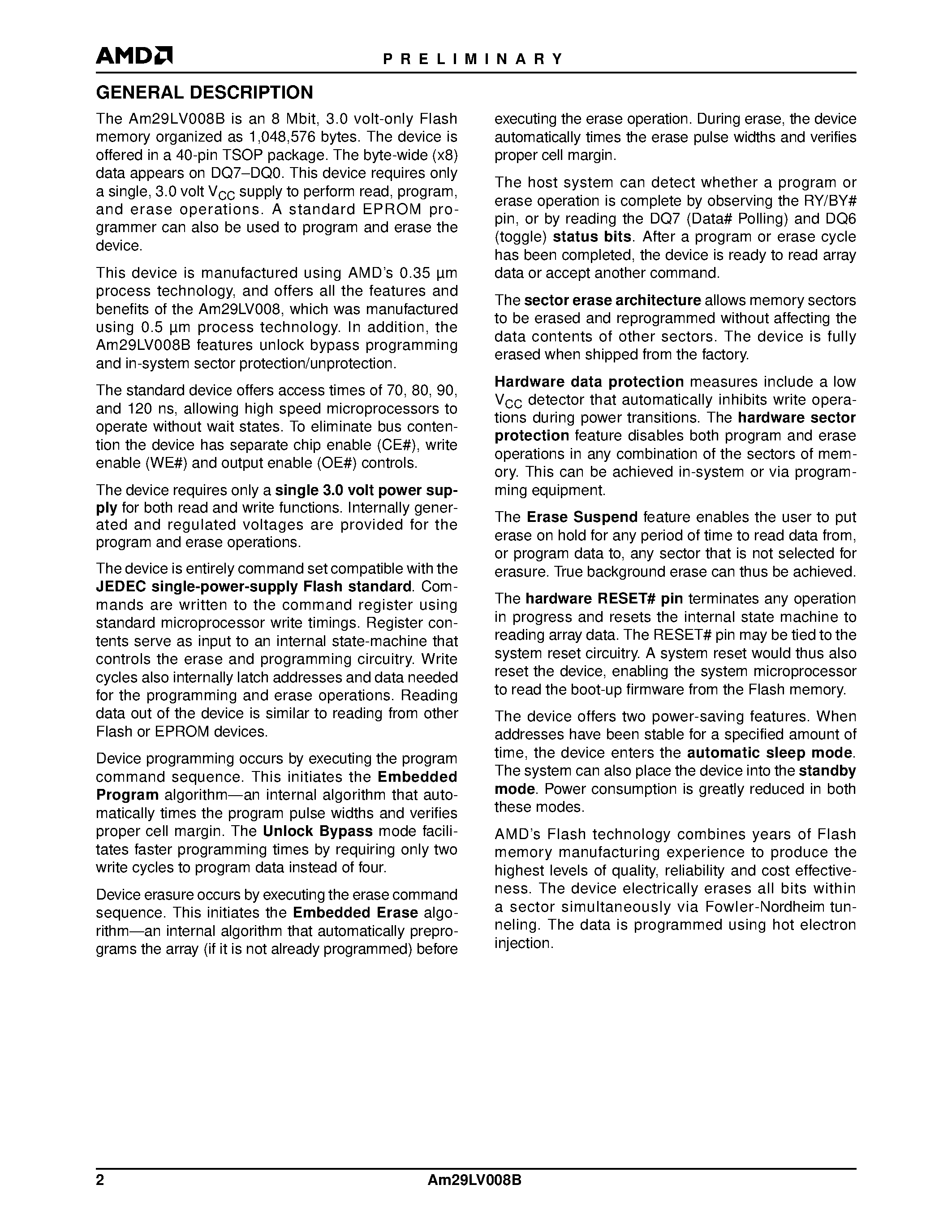 Даташит AM29LV008B - 8 Megabit (1 M x 8-Bit) CMOS 3.0 Volt-only Boot Sector Flash Memory страница 2
