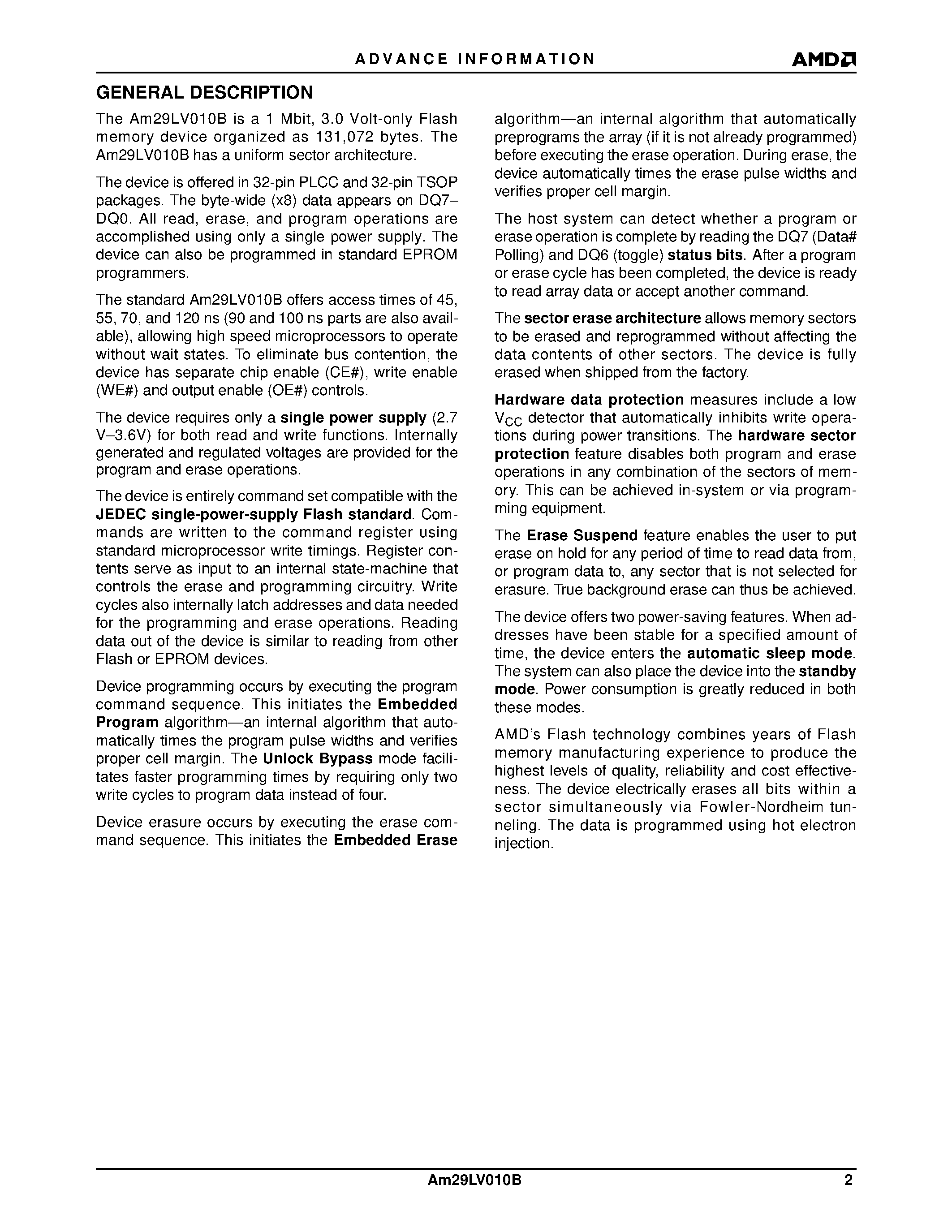 Даташит AM29LV010B - 1 Megabit (128 K x 8-Bit) CMOS 3.0 Volt-only Uniform Sector Flash Memory страница 2