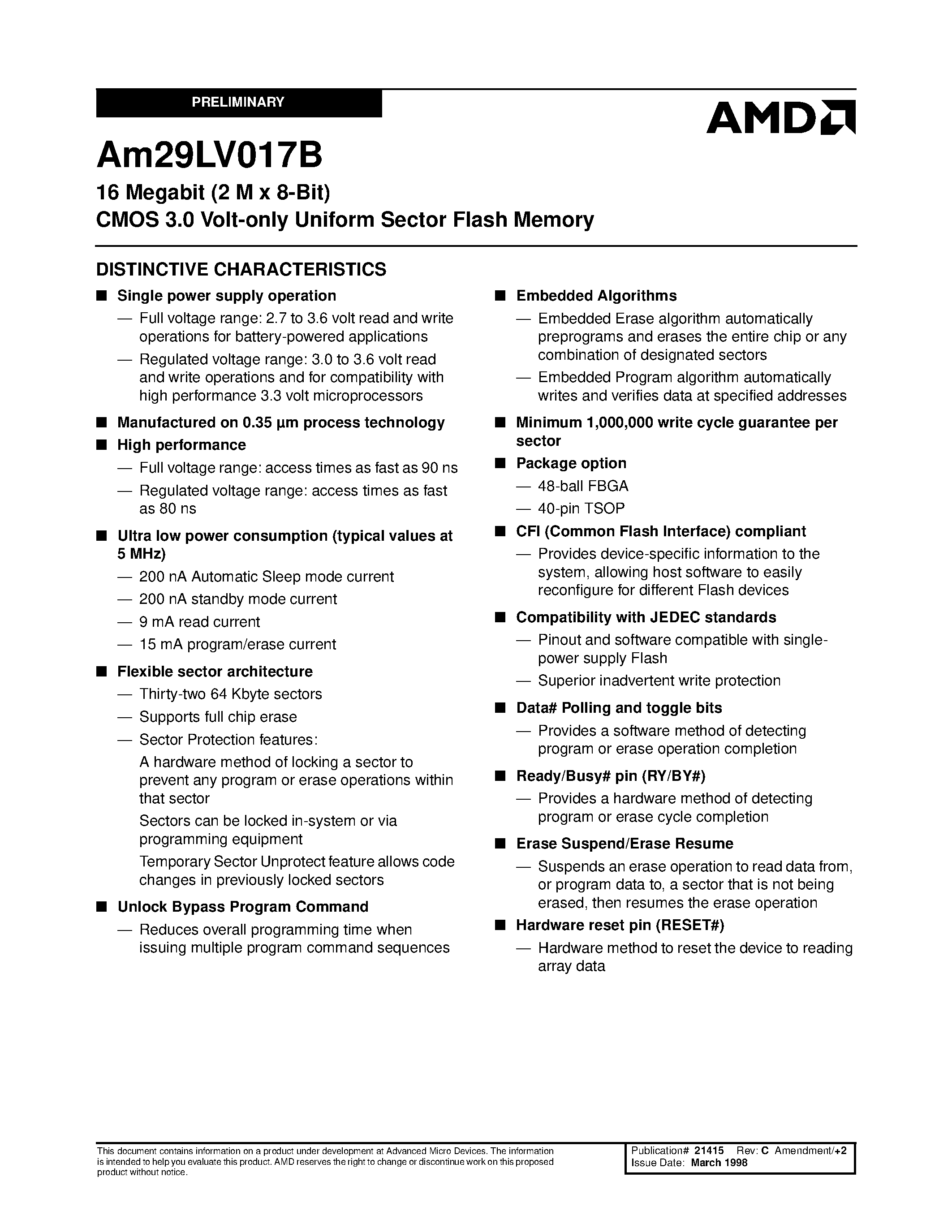 Даташит AM29LV017B - 16 Megabit (2 M x 8-Bit) CMOS 3.0 Volt-only Uniform Sector Flash Memory страница 1