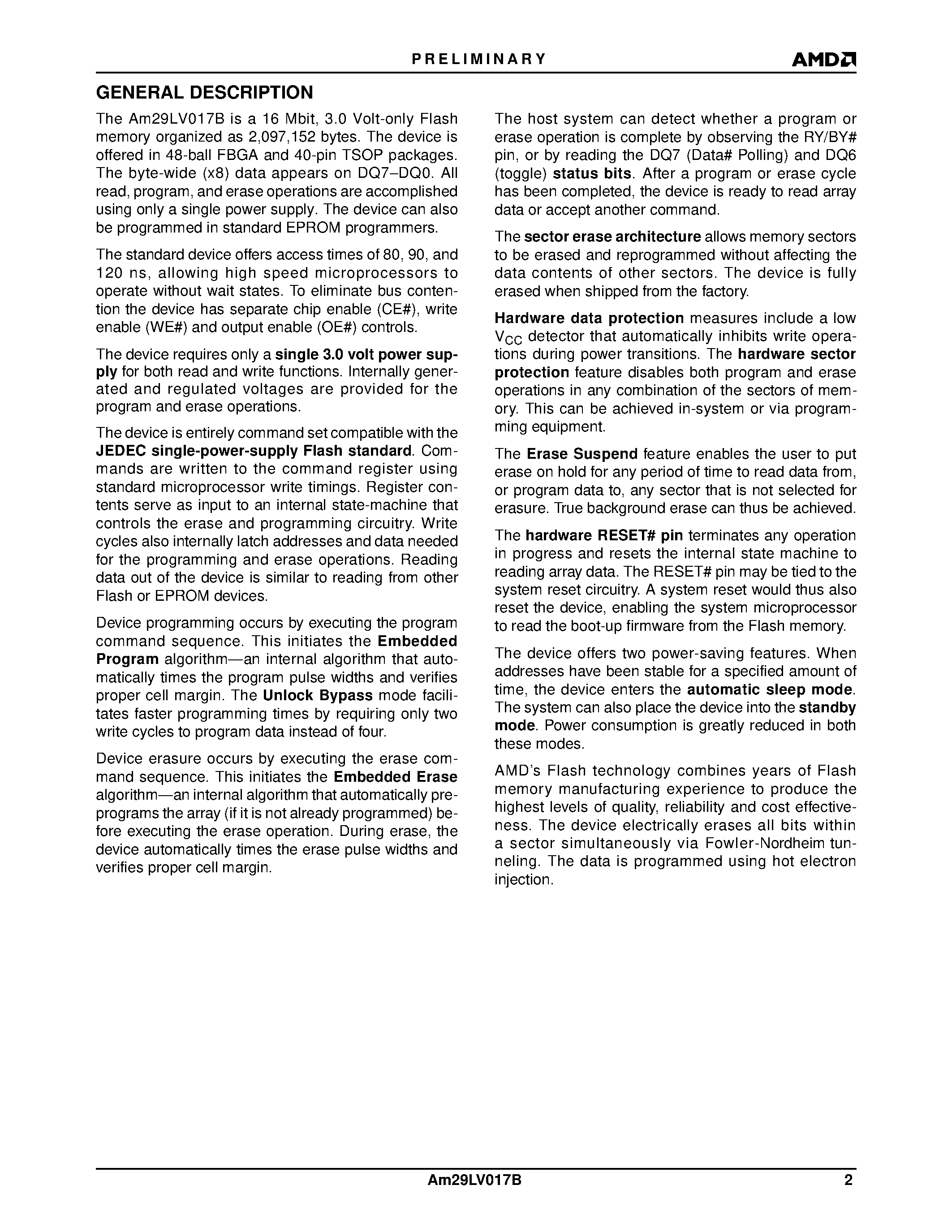 Даташит AM29LV017B - 16 Megabit (2 M x 8-Bit) CMOS 3.0 Volt-only Uniform Sector Flash Memory страница 2