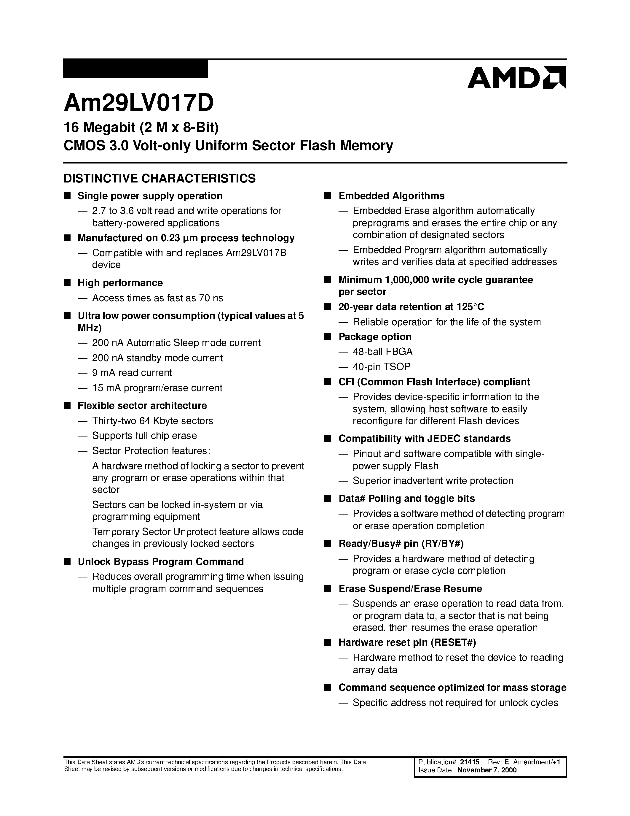 Даташит AM29LV017D - 16 Megabit (2 M x 8-Bit) CMOS 3.0 Volt-only Uniform Sector Flash Memory страница 2