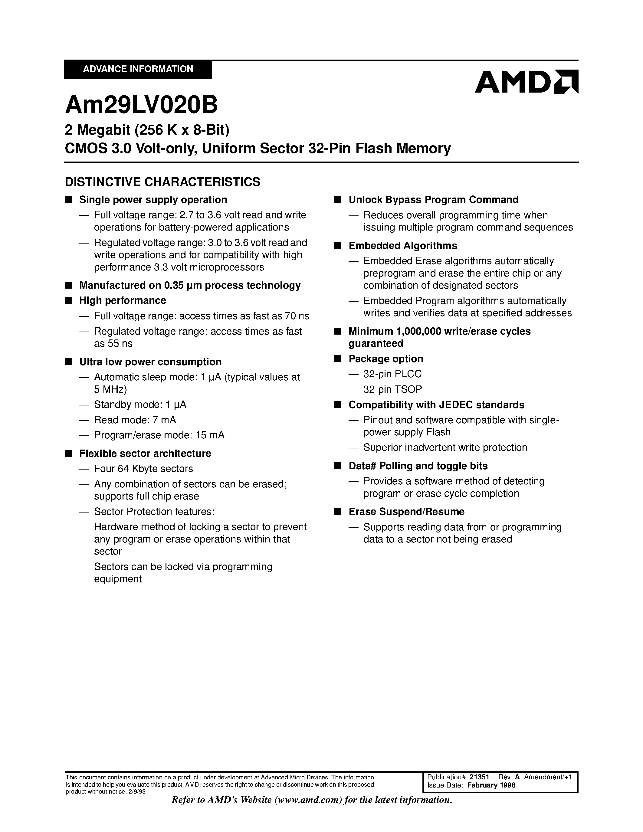 Даташит AM29LV020B - 2 Megabit (256 K x 8-Bit) CMOS 3.0 Volt-only/ Uniform Sector 32-Pin Flash Memory страница 1