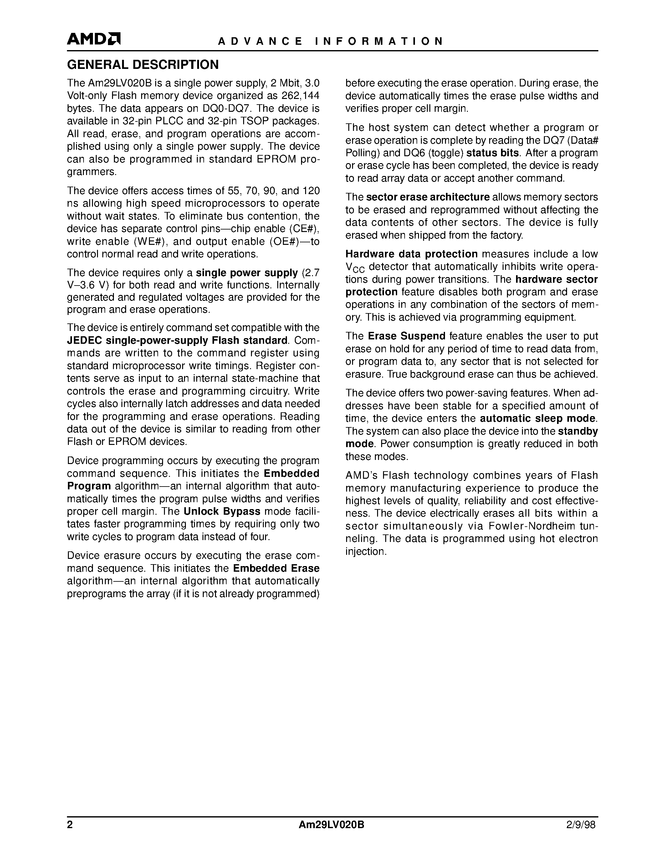 Даташит AM29LV020B - 2 Megabit (256 K x 8-Bit) CMOS 3.0 Volt-only/ Uniform Sector 32-Pin Flash Memory страница 2