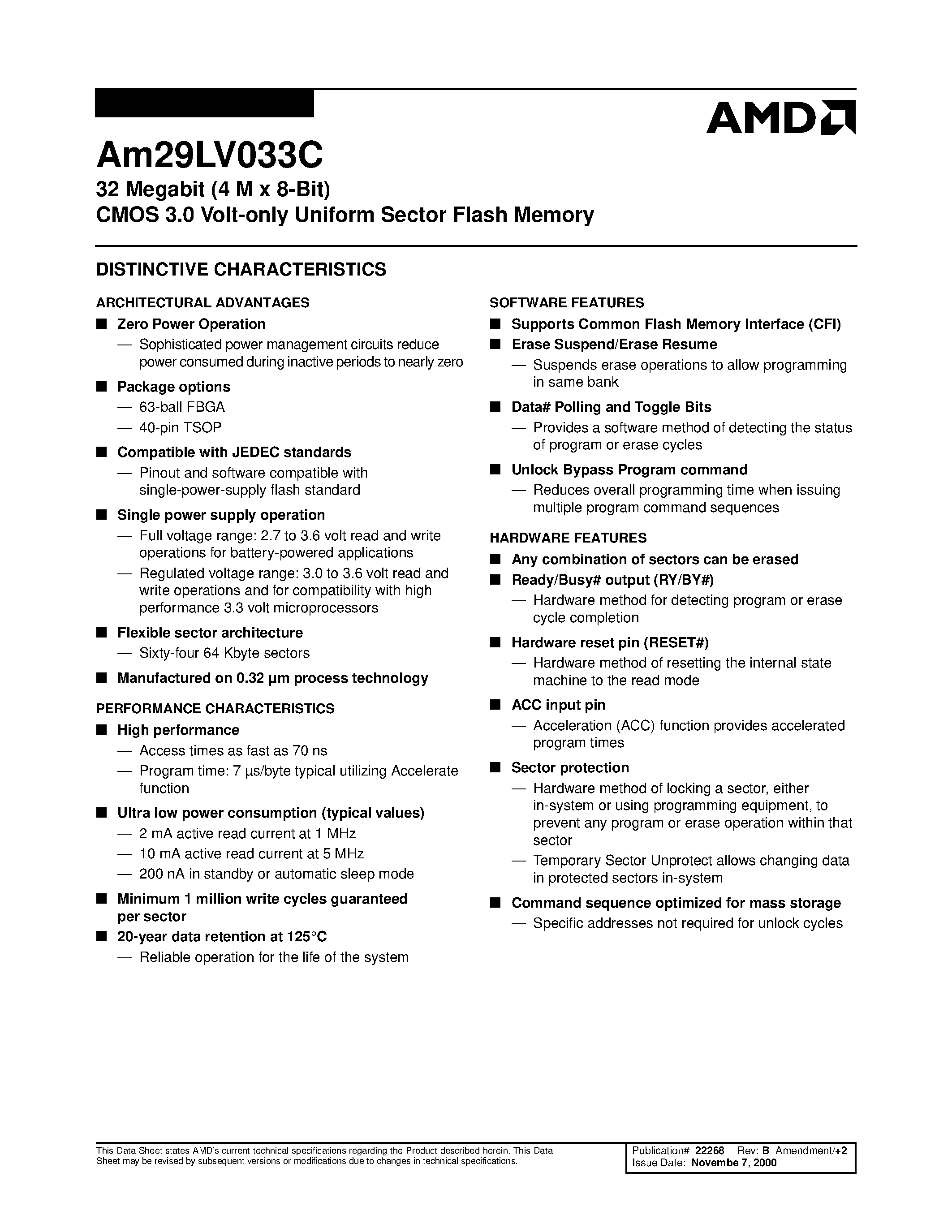 Даташит AM29LV033C - 32 Megabit (4 M x 8-Bit) CMOS 3.0 Volt-only Uniform Sector Flash Memory страница 2