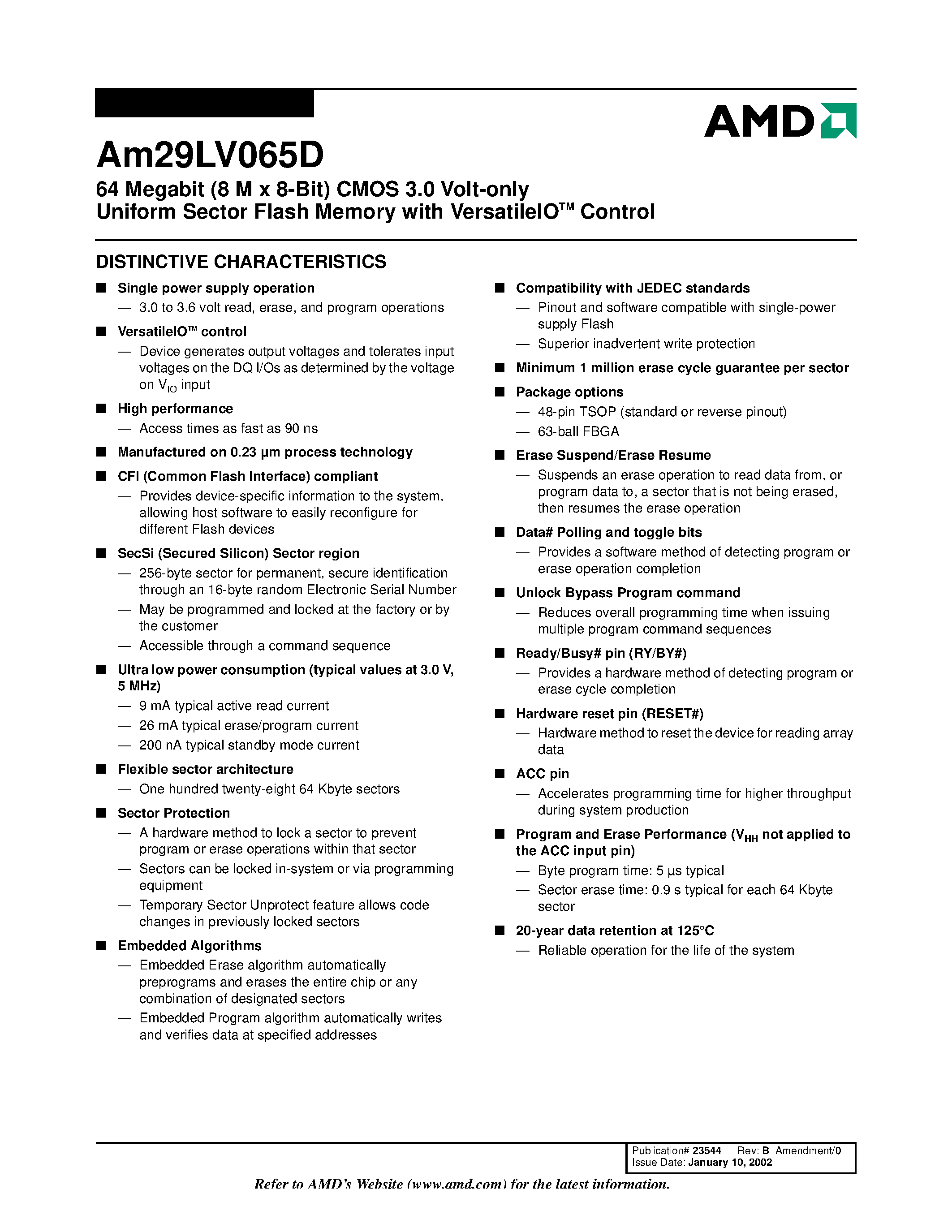Даташит AM29LV065D - 64 Megabit (8 M x 8-Bit) CMOS 3.0 Volt-only Uniform Sector Flash Memory with VersatileIOTM Control страница 2