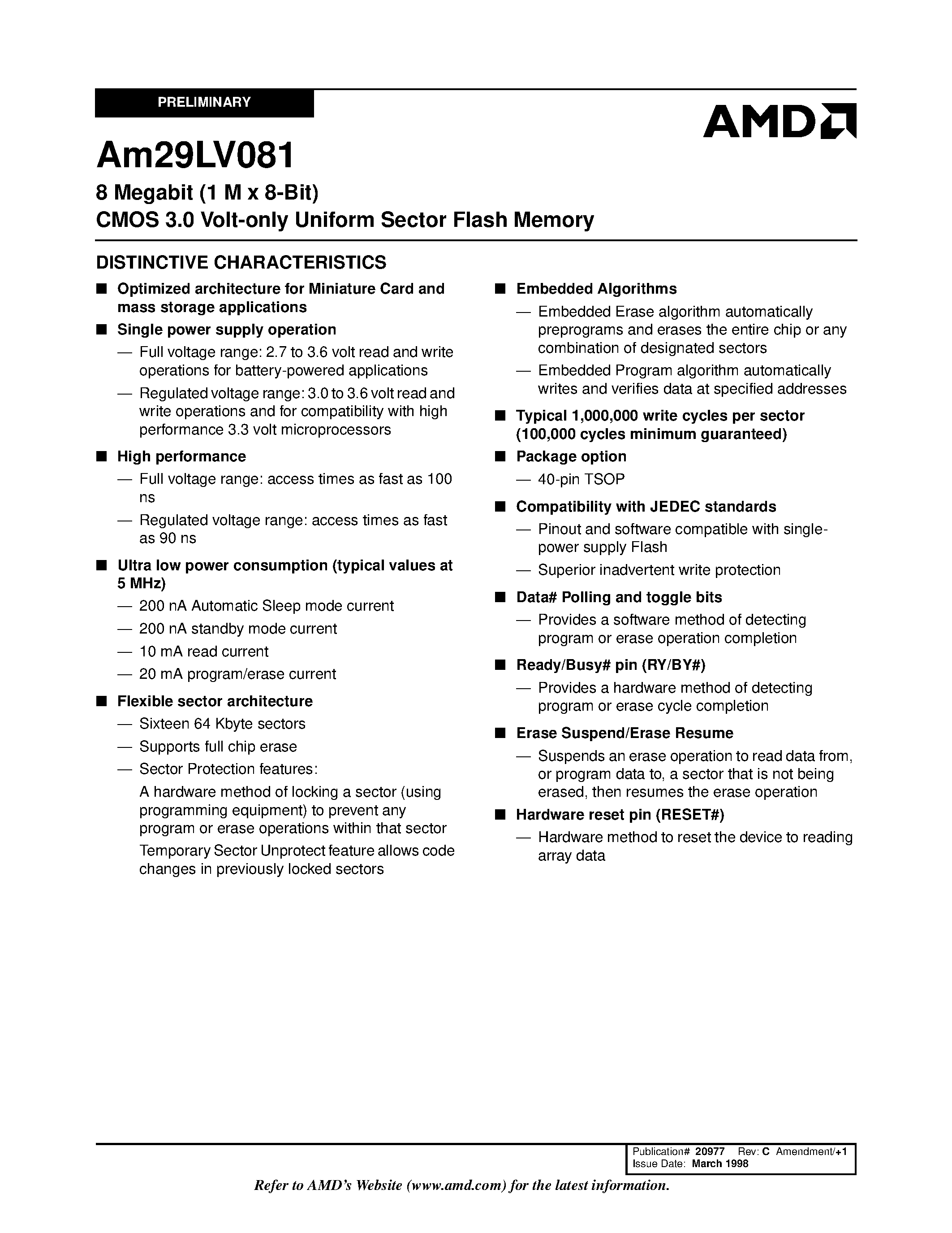 Даташит AM29LV081 - 8 Megabit (1 M x 8-Bit) CMOS 3.0 Volt-only Uniform Sector Flash Memory страница 1