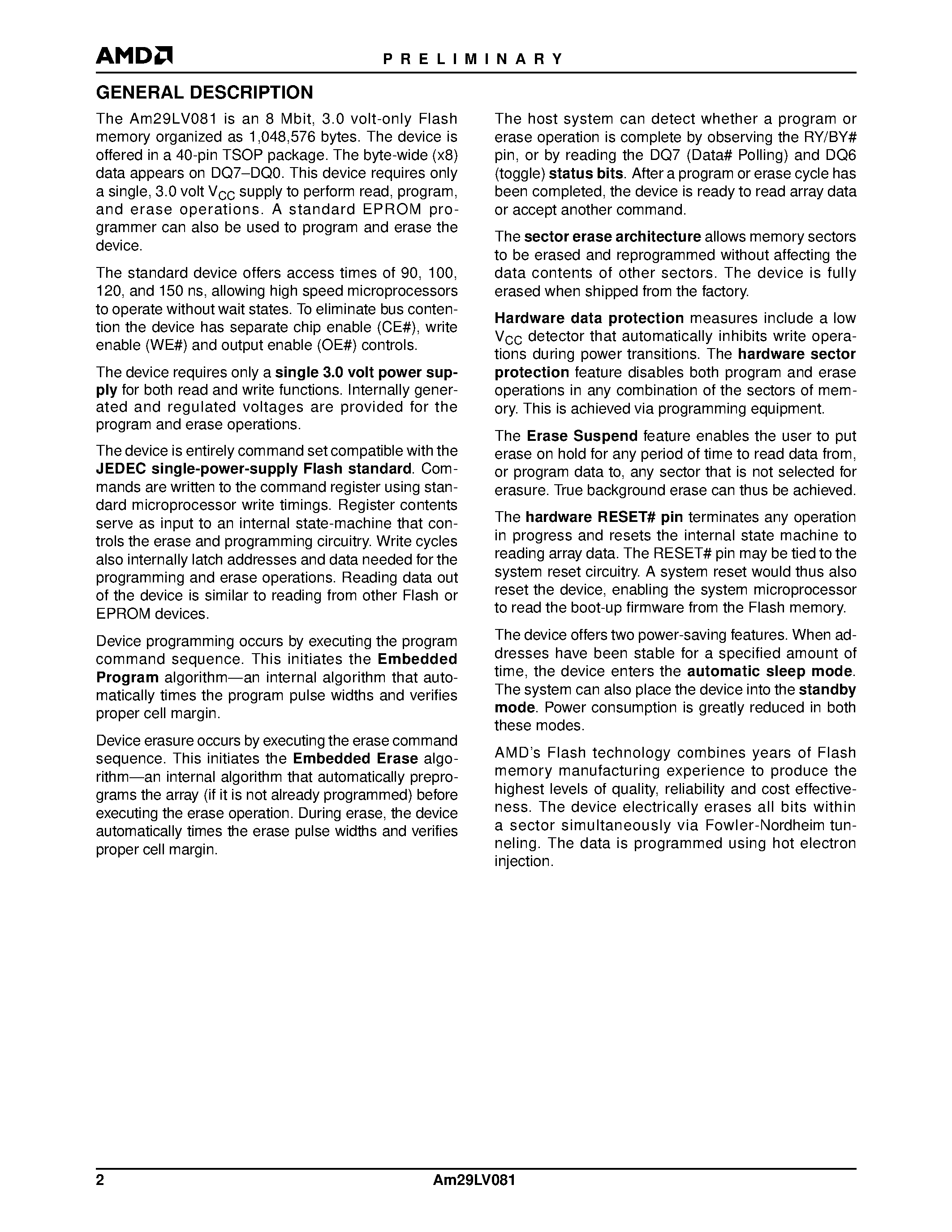 Даташит AM29LV081 - 8 Megabit (1 M x 8-Bit) CMOS 3.0 Volt-only Uniform Sector Flash Memory страница 2