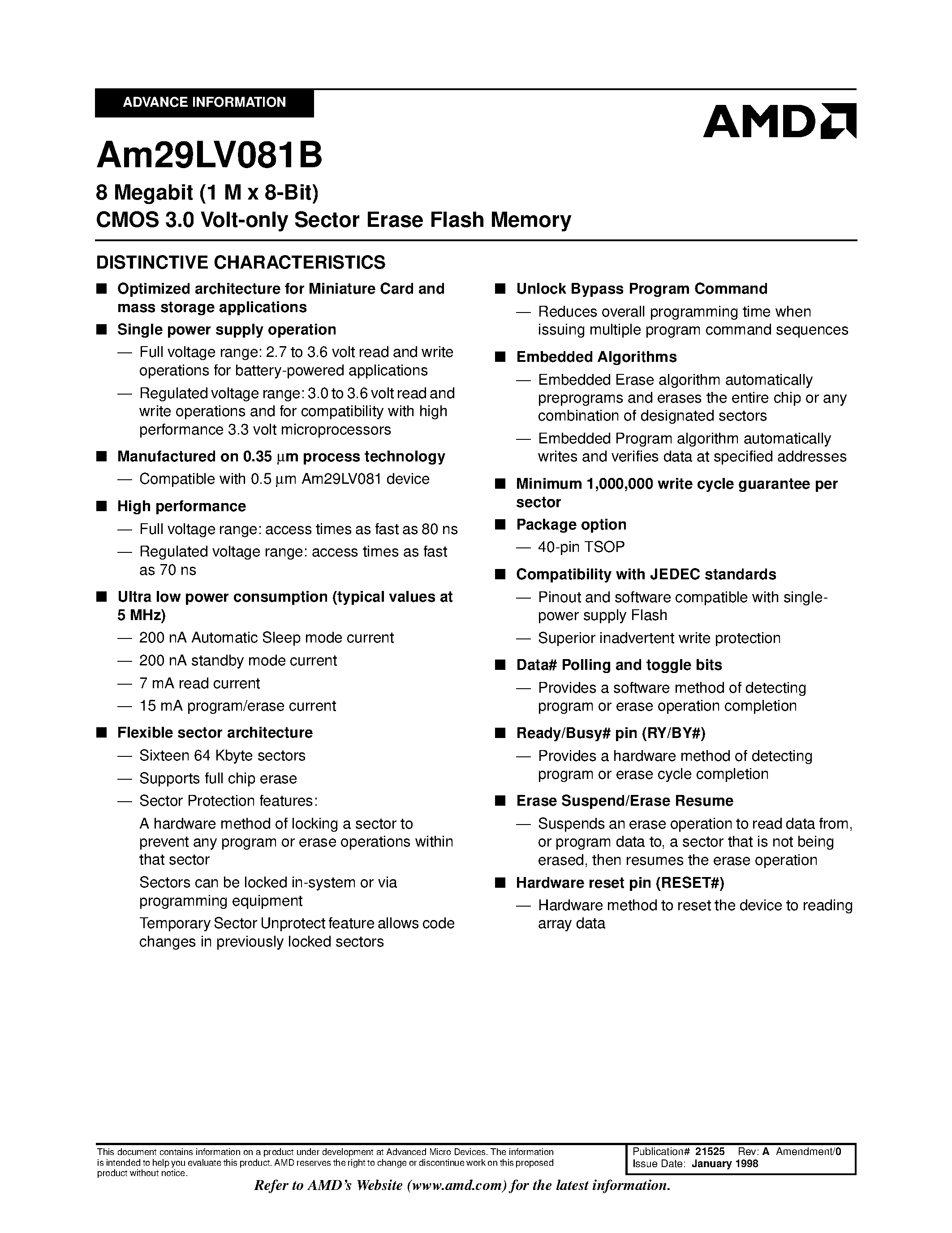 Даташит AM29LV081B - 8 Megabit (1 M x 8-Bit) CMOS 3.0 Volt-only Sector Erase Flash Memory страница 1
