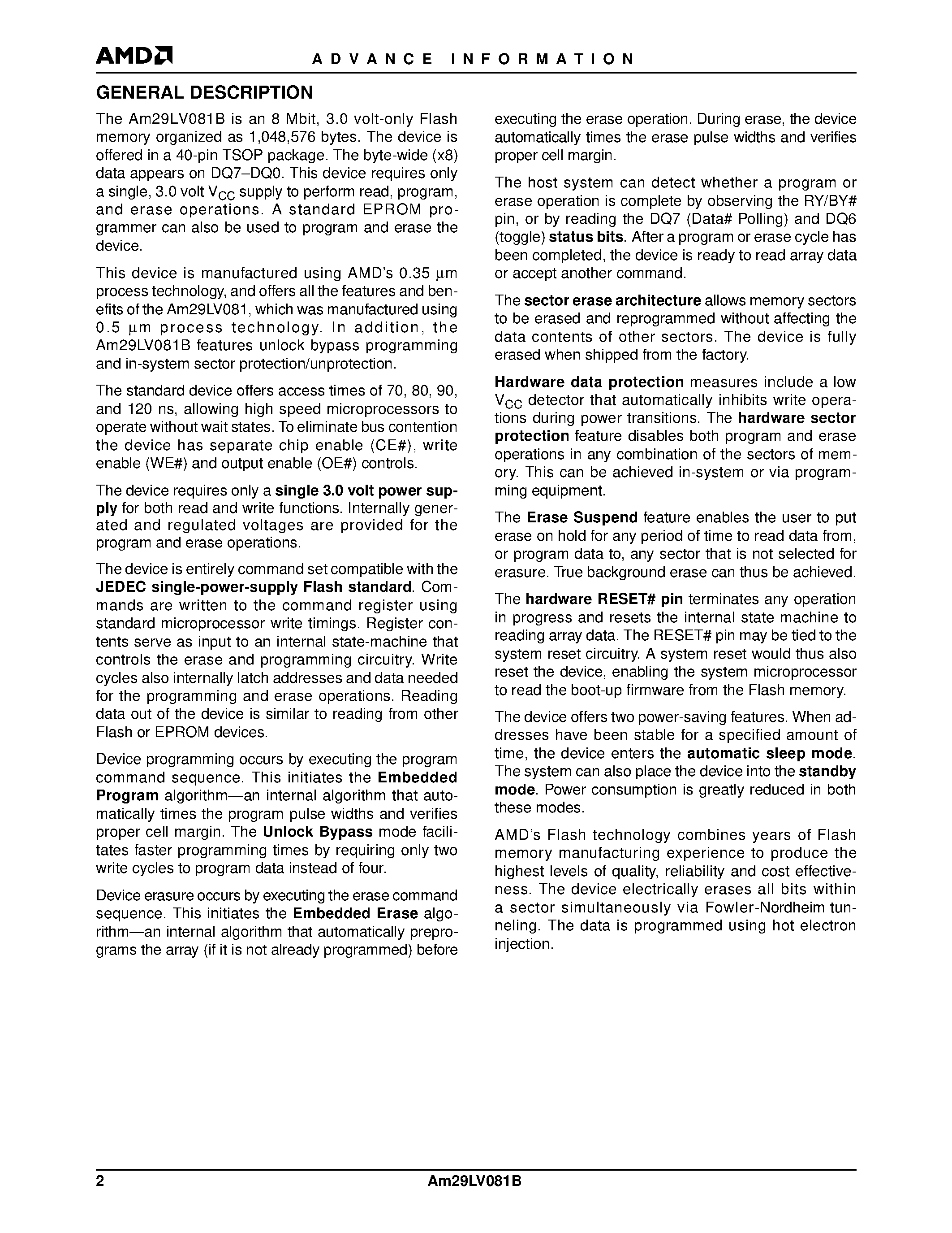 Даташит AM29LV081B - 8 Megabit (1 M x 8-Bit) CMOS 3.0 Volt-only Sector Erase Flash Memory страница 2