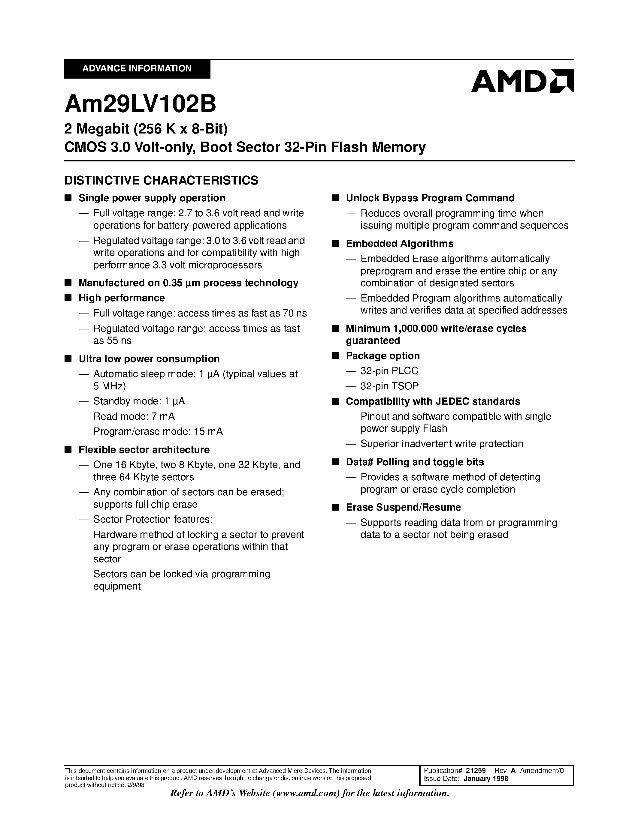 Даташит AM29LV102B - 2 Megabit (256 K x 8-Bit) CMOS 3.0 Volt-only/ Boot Sector 32-Pin Flash Memory страница 1