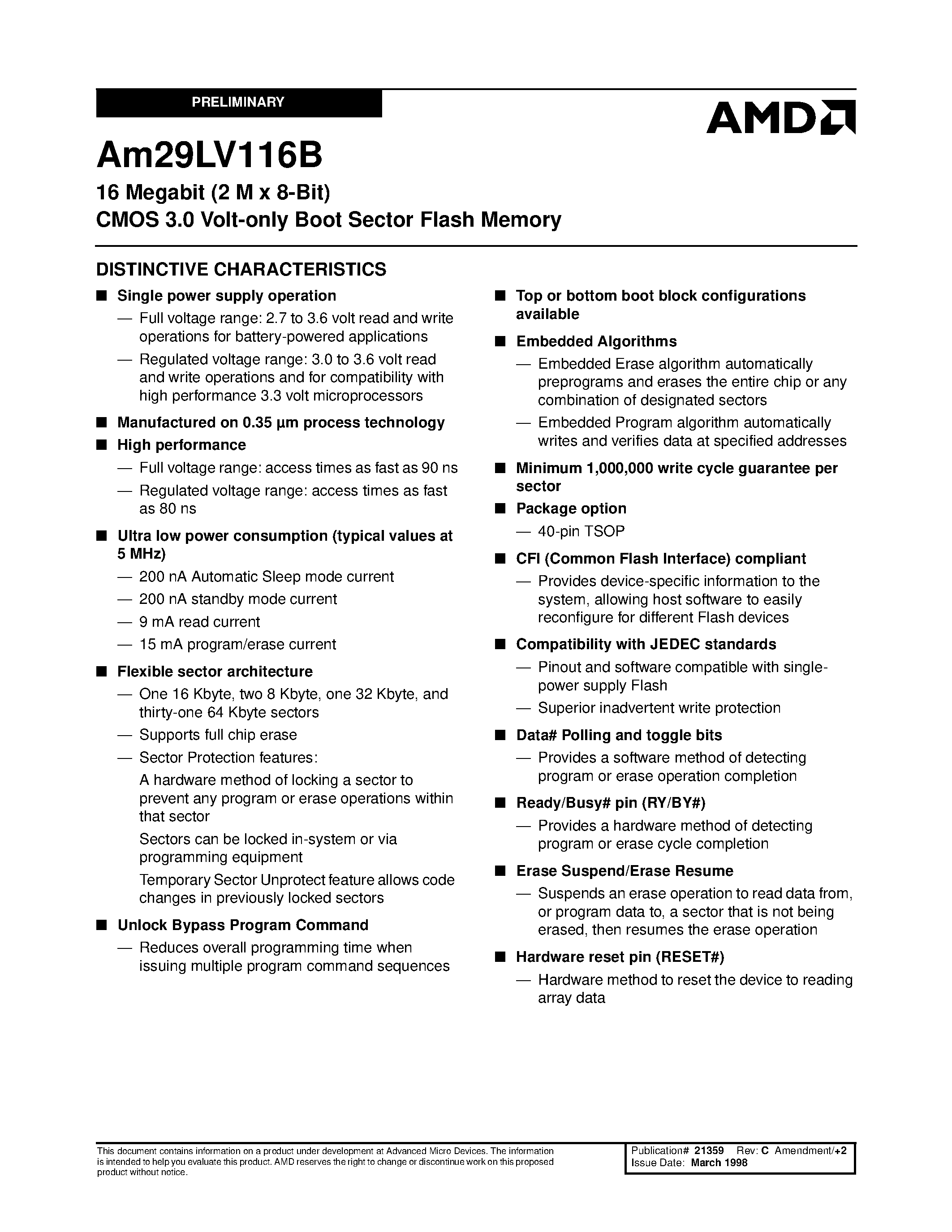 Даташит AM29LV116B - 16 Megabit (2 M x 8-Bit) CMOS 3.0 Volt-only Boot Sector Flash Memory страница 1