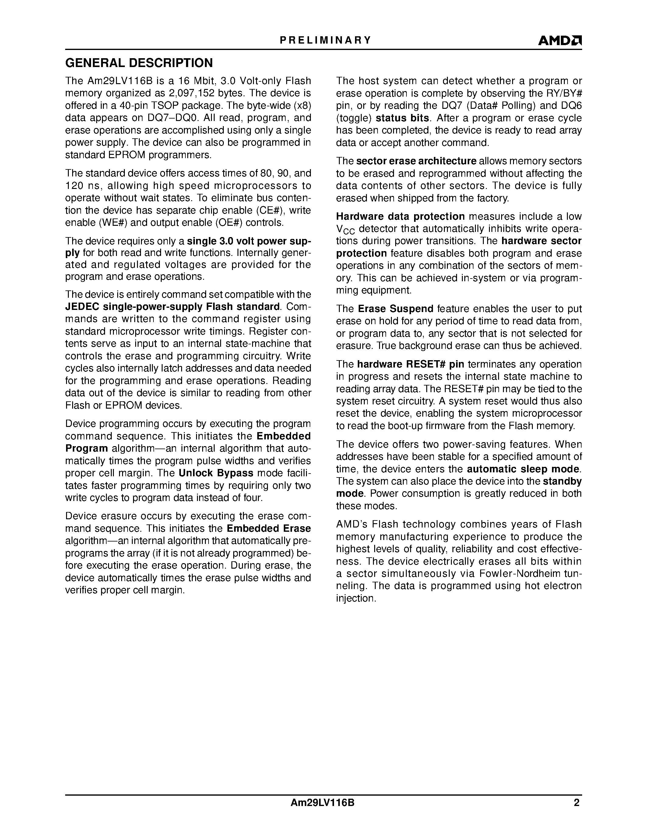 Даташит AM29LV116B - 16 Megabit (2 M x 8-Bit) CMOS 3.0 Volt-only Boot Sector Flash Memory страница 2