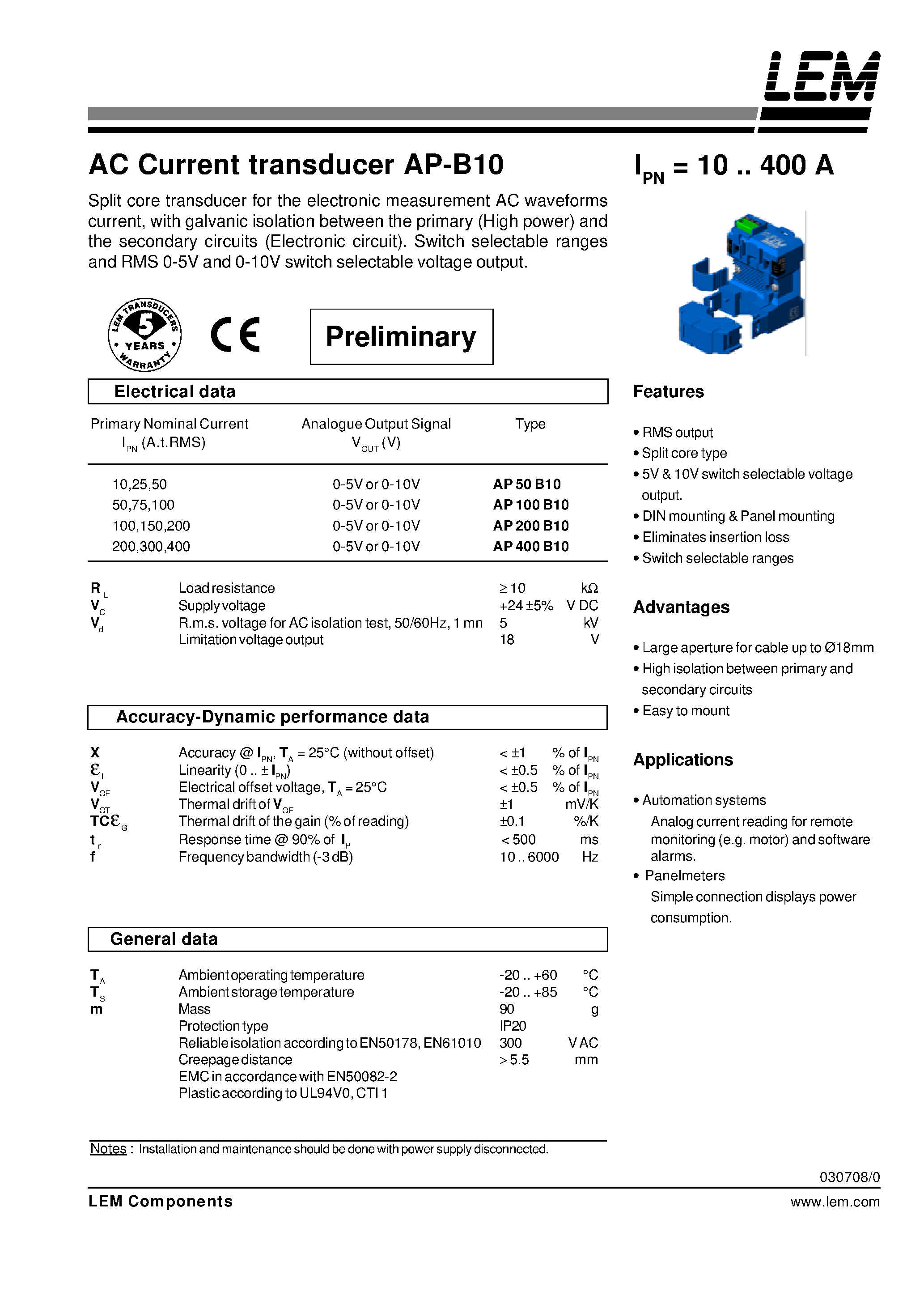 Даташит на микросхему AP50-B10 страница 1 Даташит AP50-B10 - AC Current transducer AP-B10 страница 1