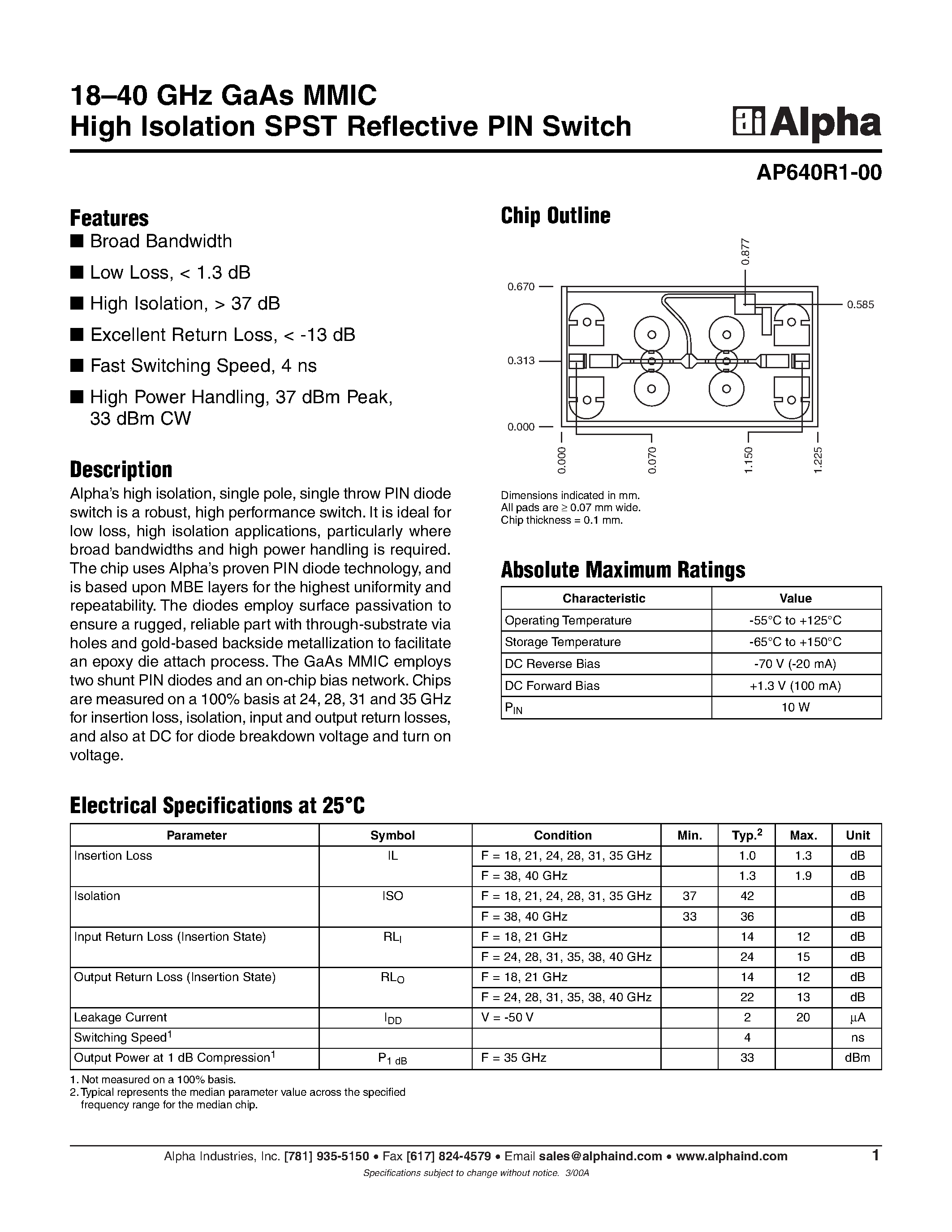 Даташит на микросхему AP640R1-00 страница 1 Даташит AP640R1-00 - 18-40 GHz GaAs MMIC High Isolation SPST Reflective PIN Switch страница 1