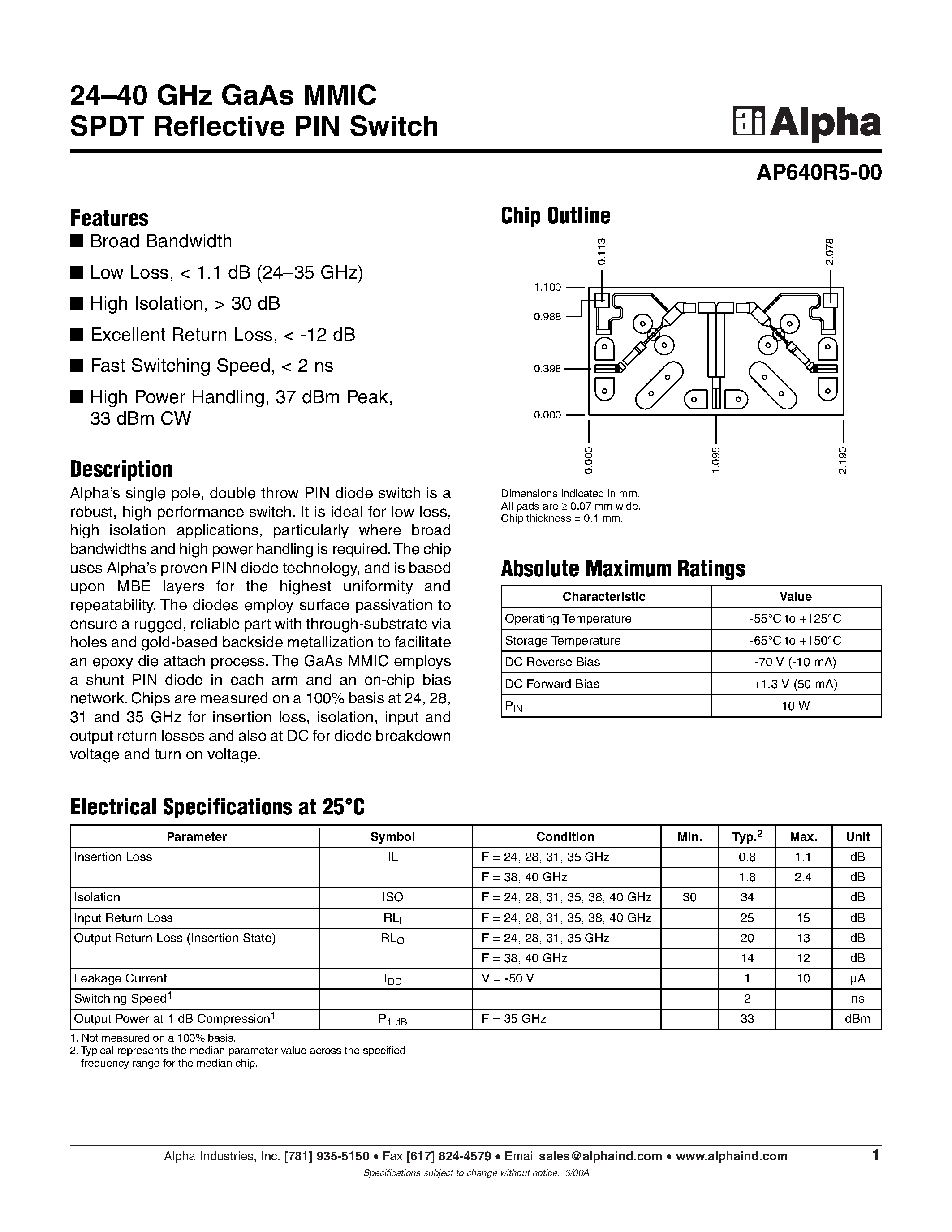 Даташит AP640R5-00 - 24-40 GHz GaAs MMIC SPDT Reflective PIN Switch страница 1