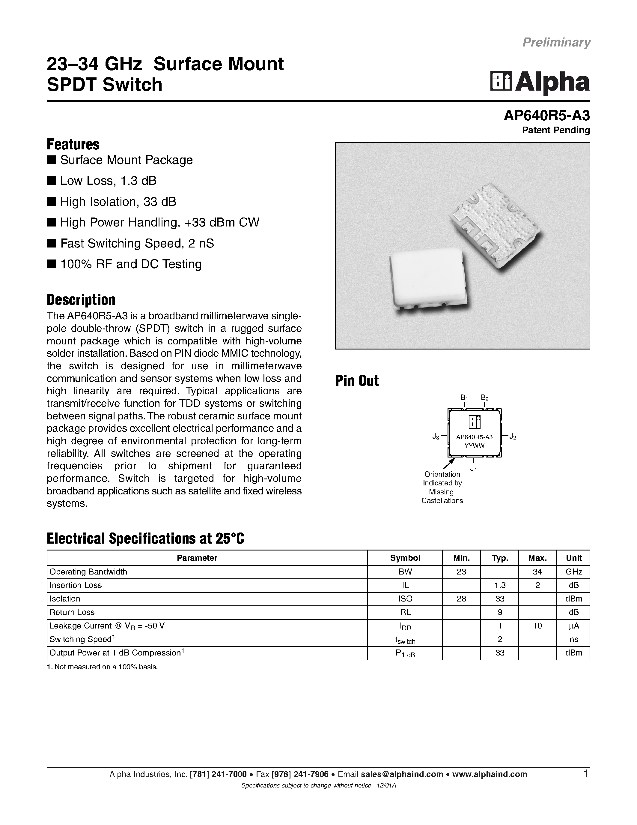 Даташит на микросхему AP640R5-A3 страница 1 Даташит AP640R5-A3 - 23-34 GHz Surface Mount SPDT Switch страница 1