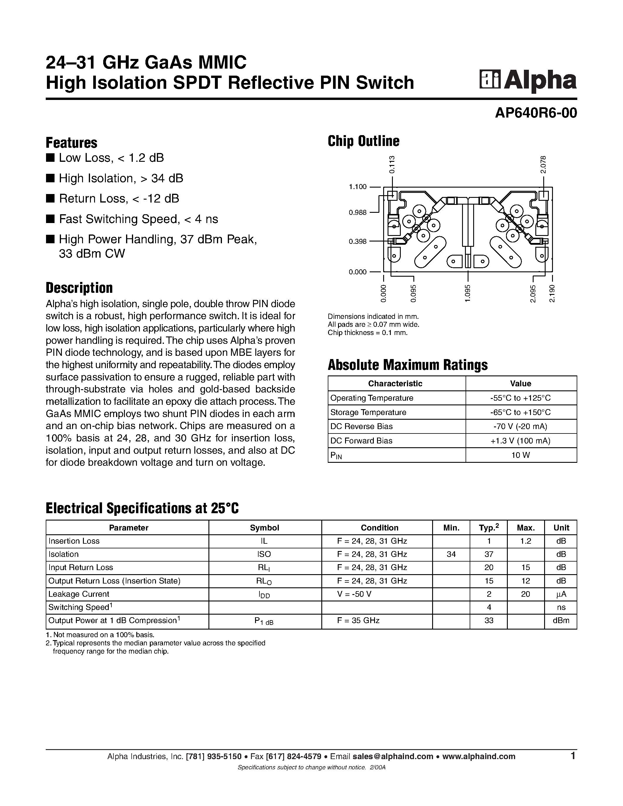 Даташит на микросхему AP640R6-00 страница 1 Даташит AP640R6-00 - 24-31 GHz GaAs MMIC High Isolation SPDT Reflective PIN Switch страница 1