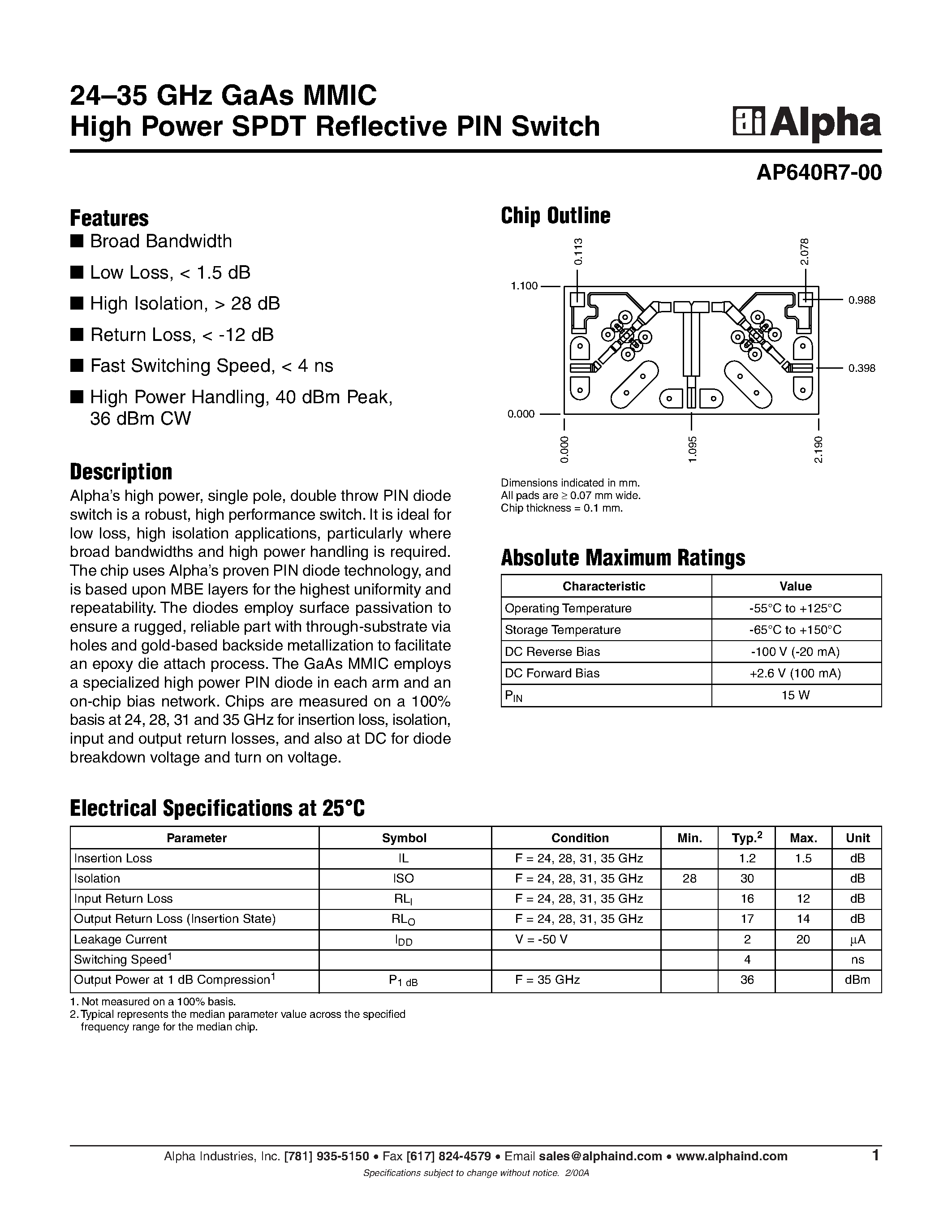 Даташит AP640R7-00 - 24-35 GHz GaAs MMIC High Power SPDT Reflective PIN Switch страница 1