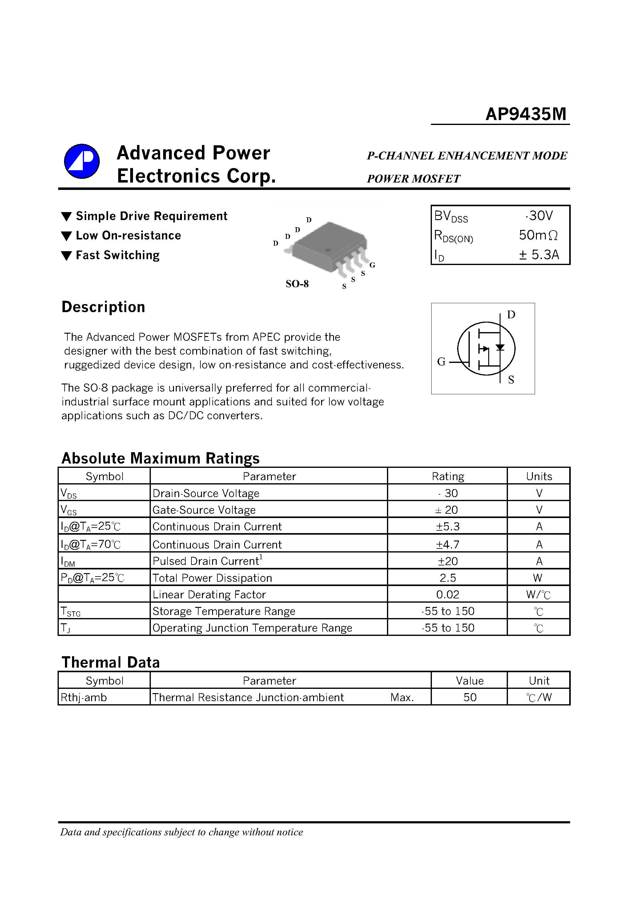 Даташит AP9435M - P-CHANNEL ENHANCEMENT MODE POWER MOSFET страница 1