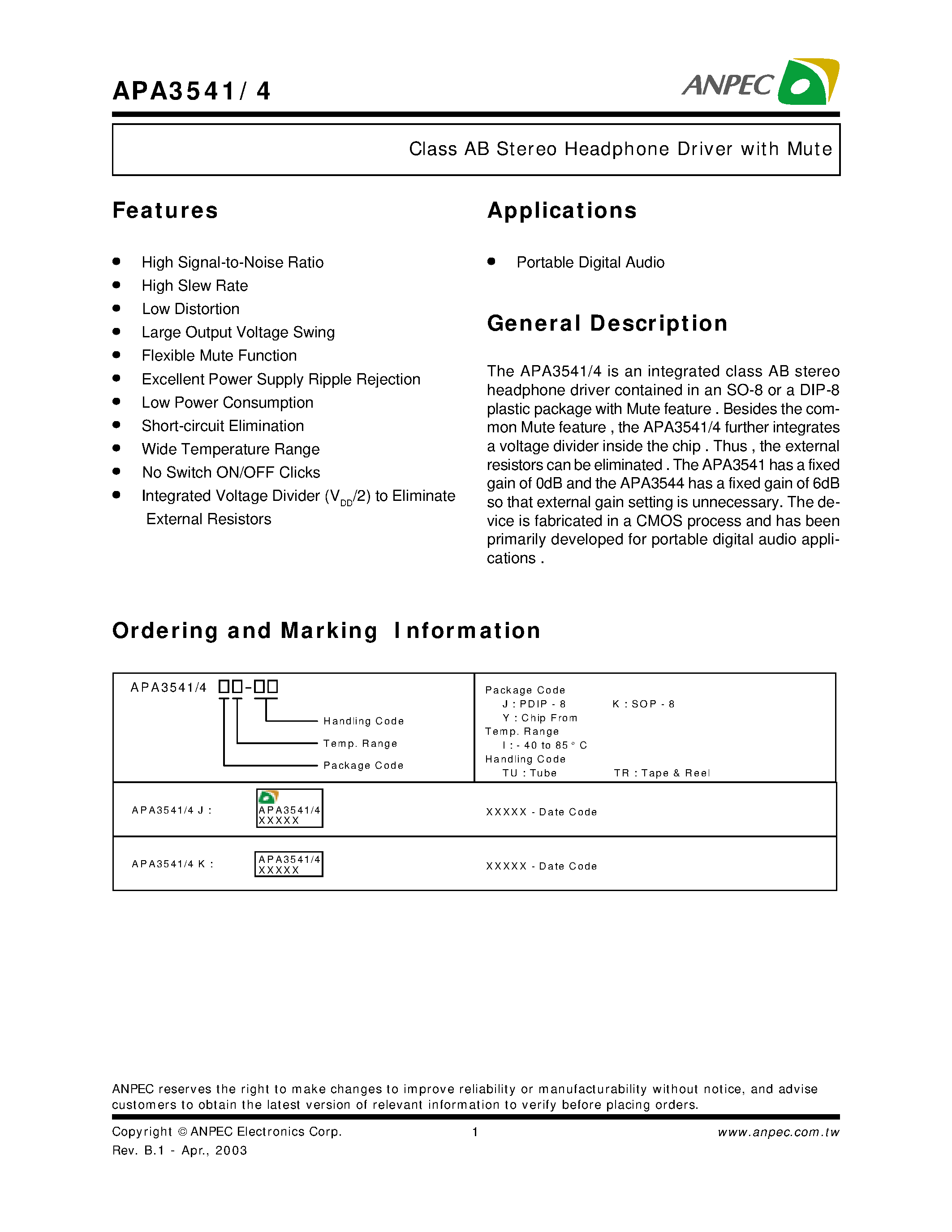 Даташит APA3541 - Class AB Stereo Headphone Driver with Mute страница 1