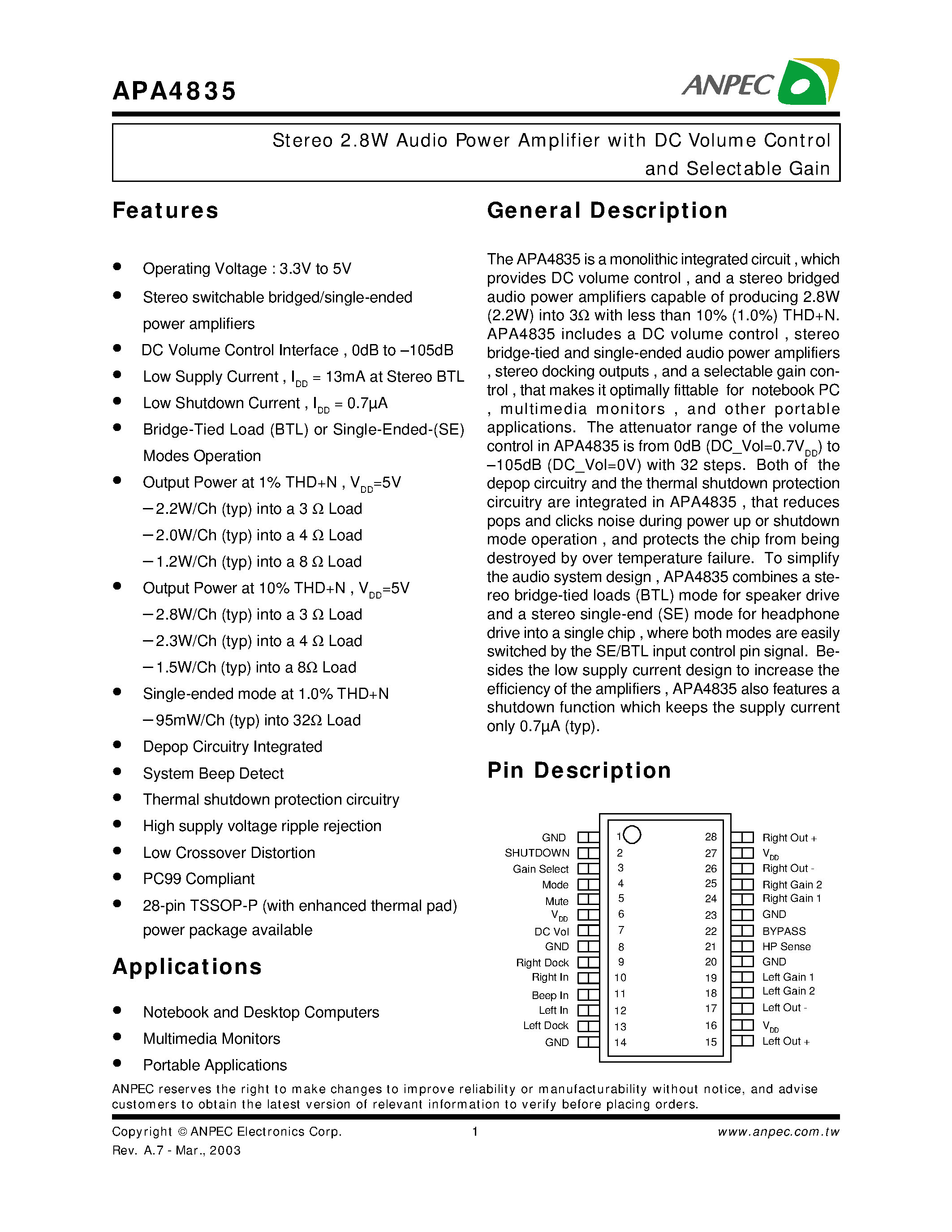 Даташит APA4835 - Stereo 2.8W Audio Power Amplifier with DC Volume Control and Selectable Gain страница 1