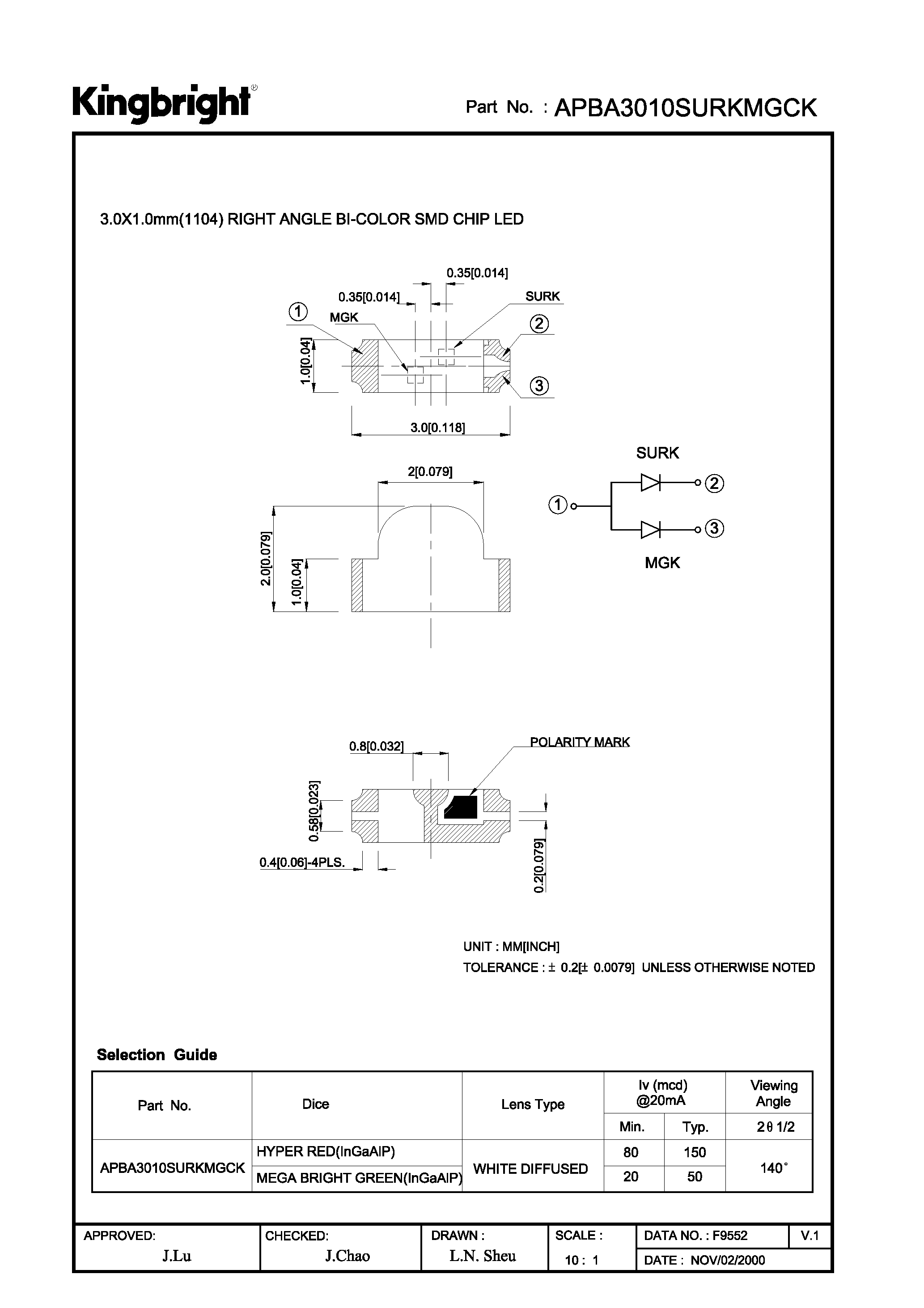 Datasheet APBA3010SURKMGCK page 1 Datasheet APBA3010SURKMGCK - 3.0X1.0mm(1104) RISGHT ANGLE BI-COLOR SMD CHIP LED page 1
