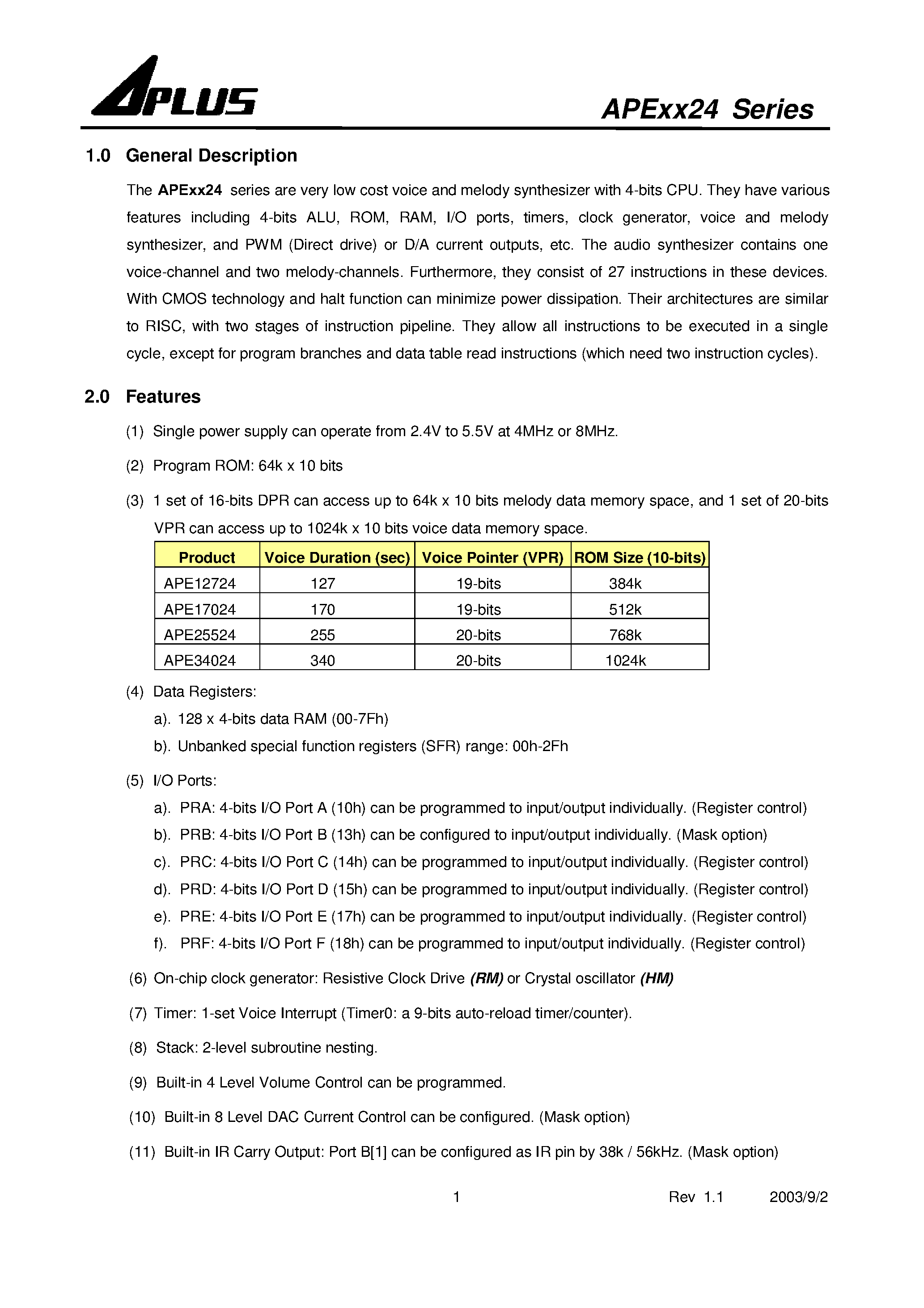 Datasheet APE25524 - very low cost voice and melody synthesizer with 4-bits CPU page 2