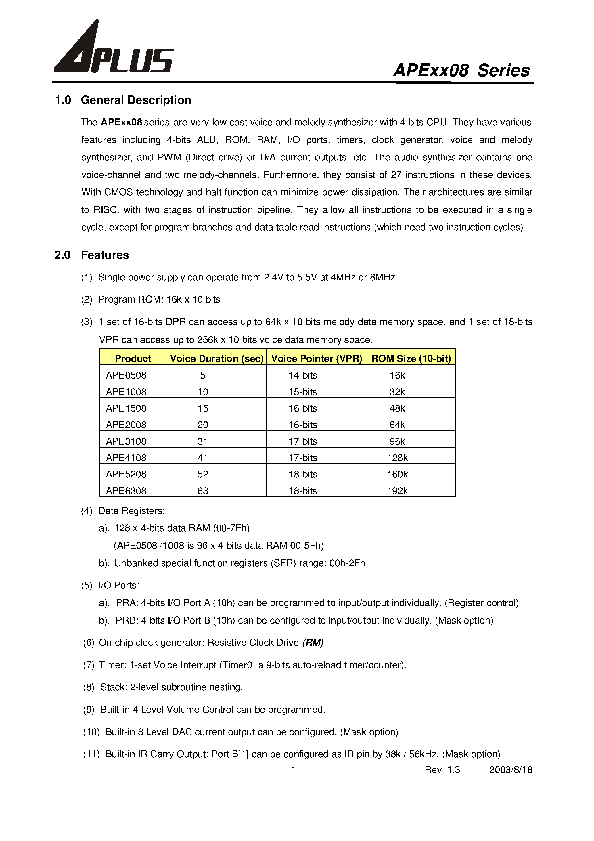 Datasheet APE3108 - very low cost voice and melody synthesizer with 4-bits CPU page 2