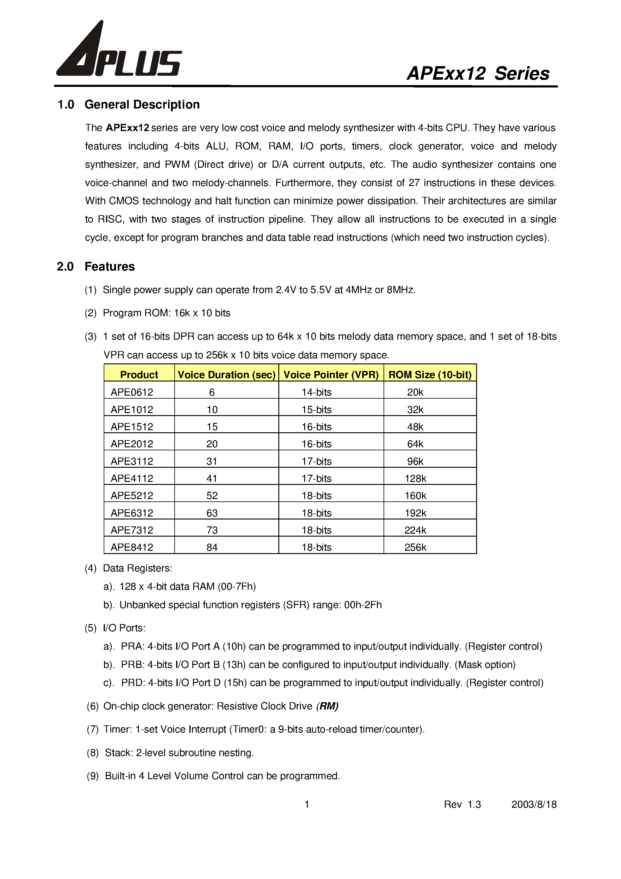 Datasheet APE3112 - very low cost voice and melody synthesizer with 4-bits CPU page 2