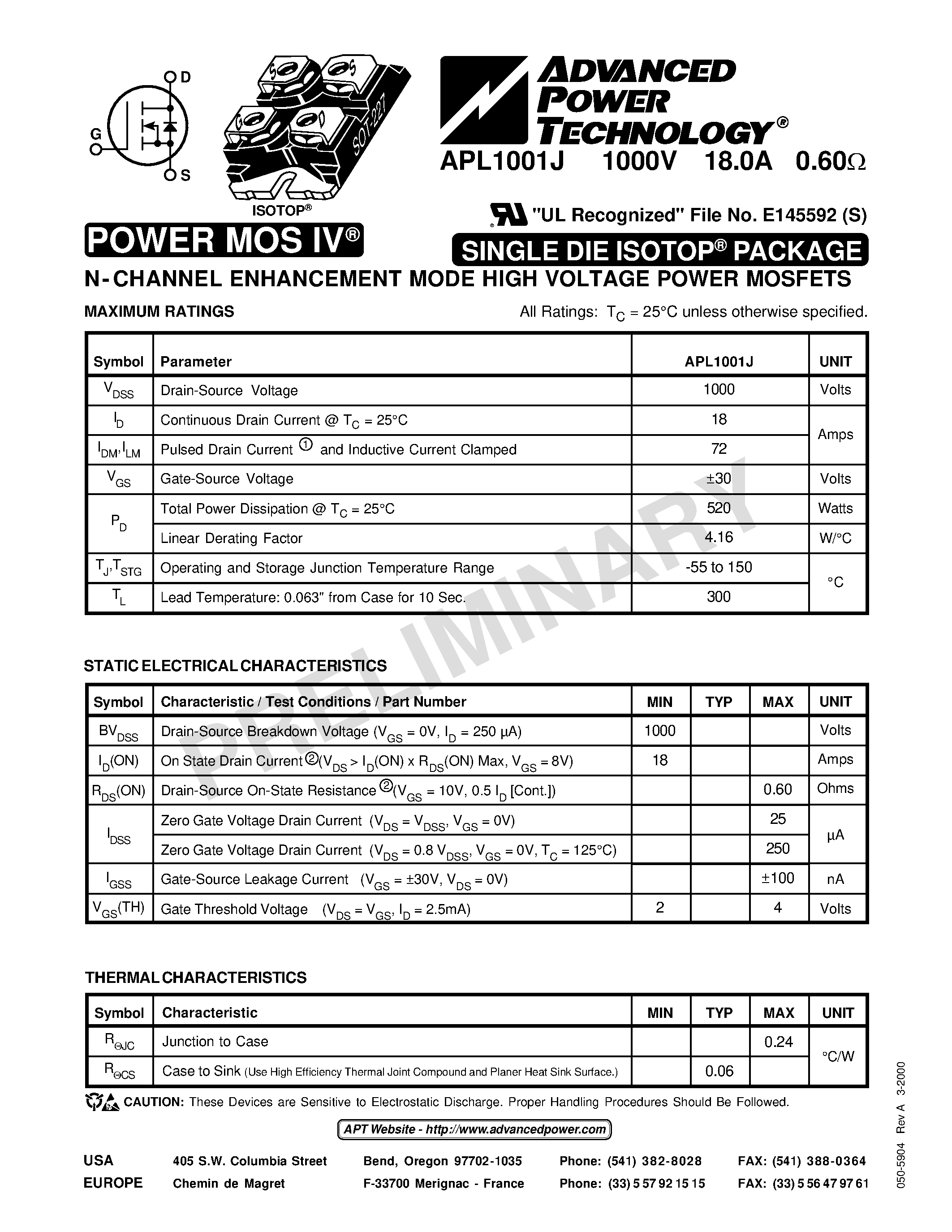 Datasheet APL1001J - N-CHANNEL ENHANCEMENT MODE HIGH VOLTAGE POWER MOSFETS page 1