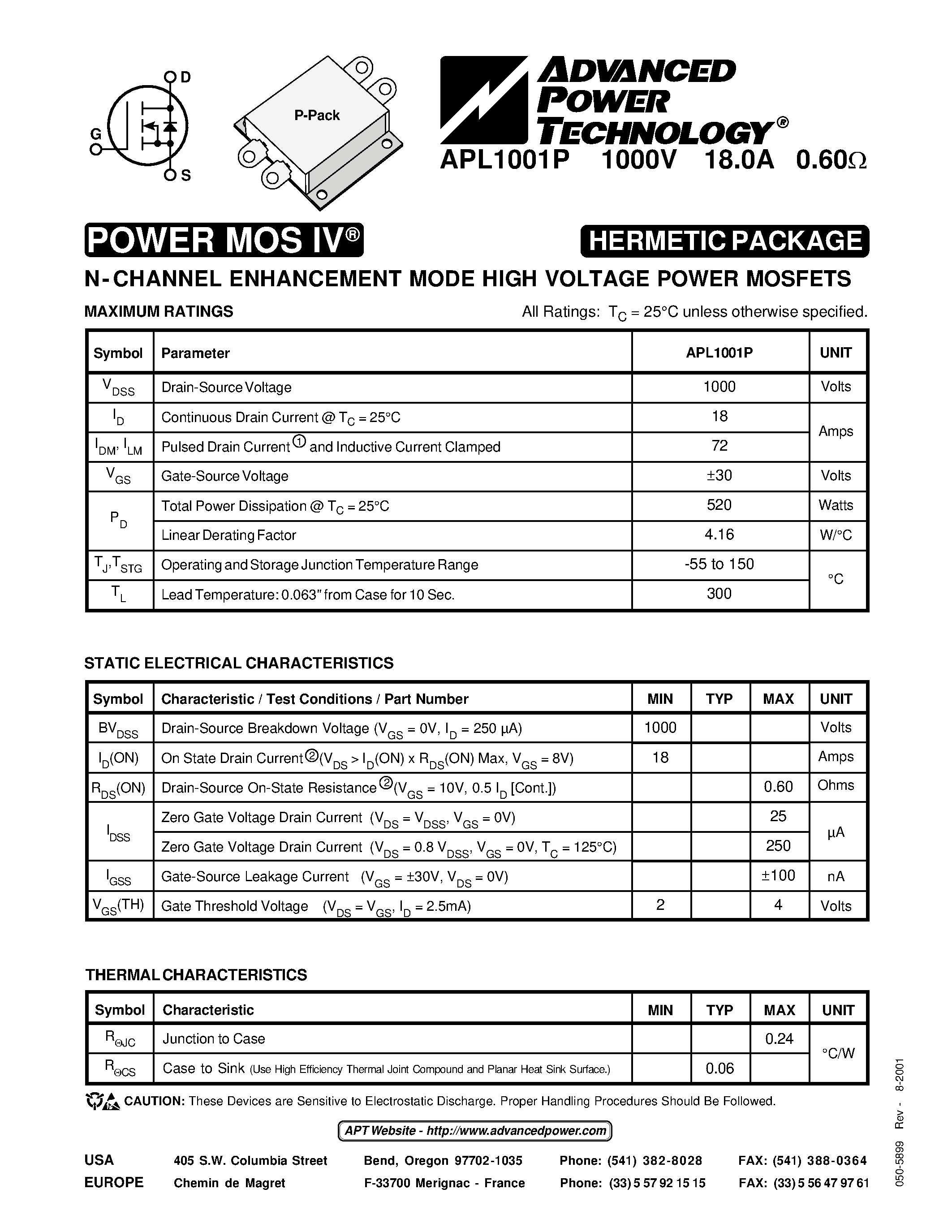 Datasheet APL1001P - N-CHANNEL ENHANCEMENT MODE HIGH VOLTAGE POWER MOSFETS page 1