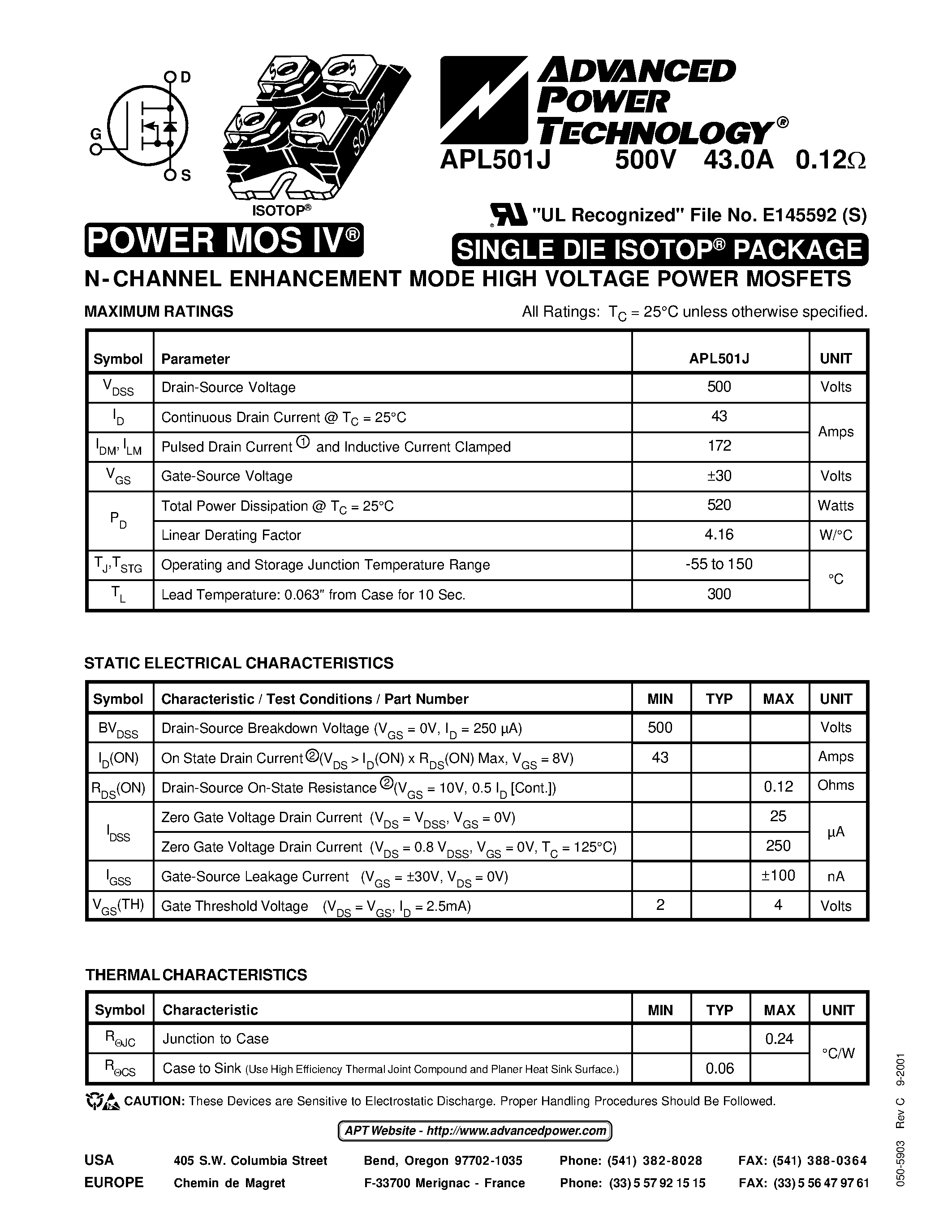 Datasheet APL501J - N-CHANNEL ENHANCEMENT MODE HIGH VOLTAGE POWER MOSFETS page 1