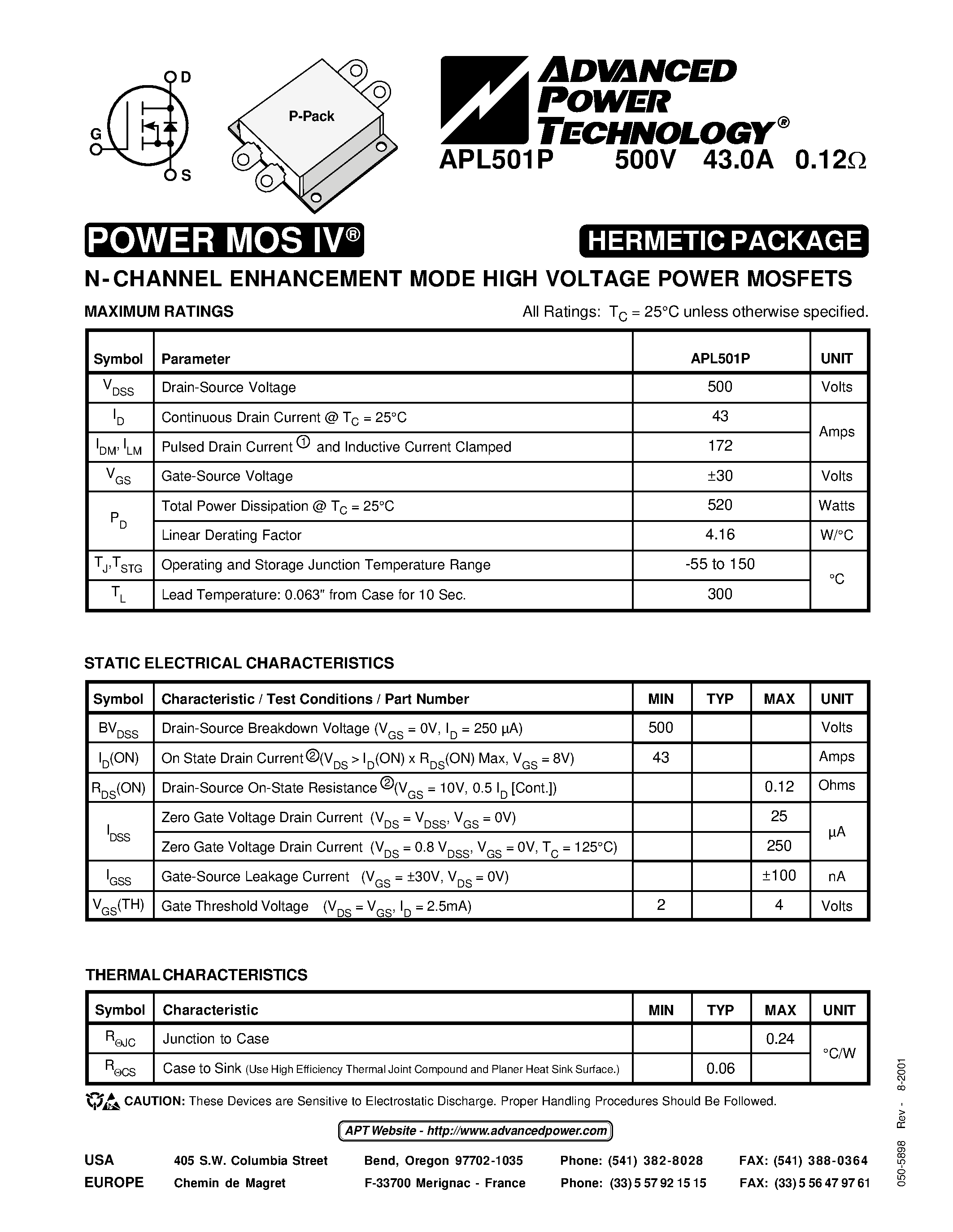 Datasheet APL501P - N-CHANNEL ENHANCEMENT MODE HIGH VOLTAGE POWER MOSFETS page 1